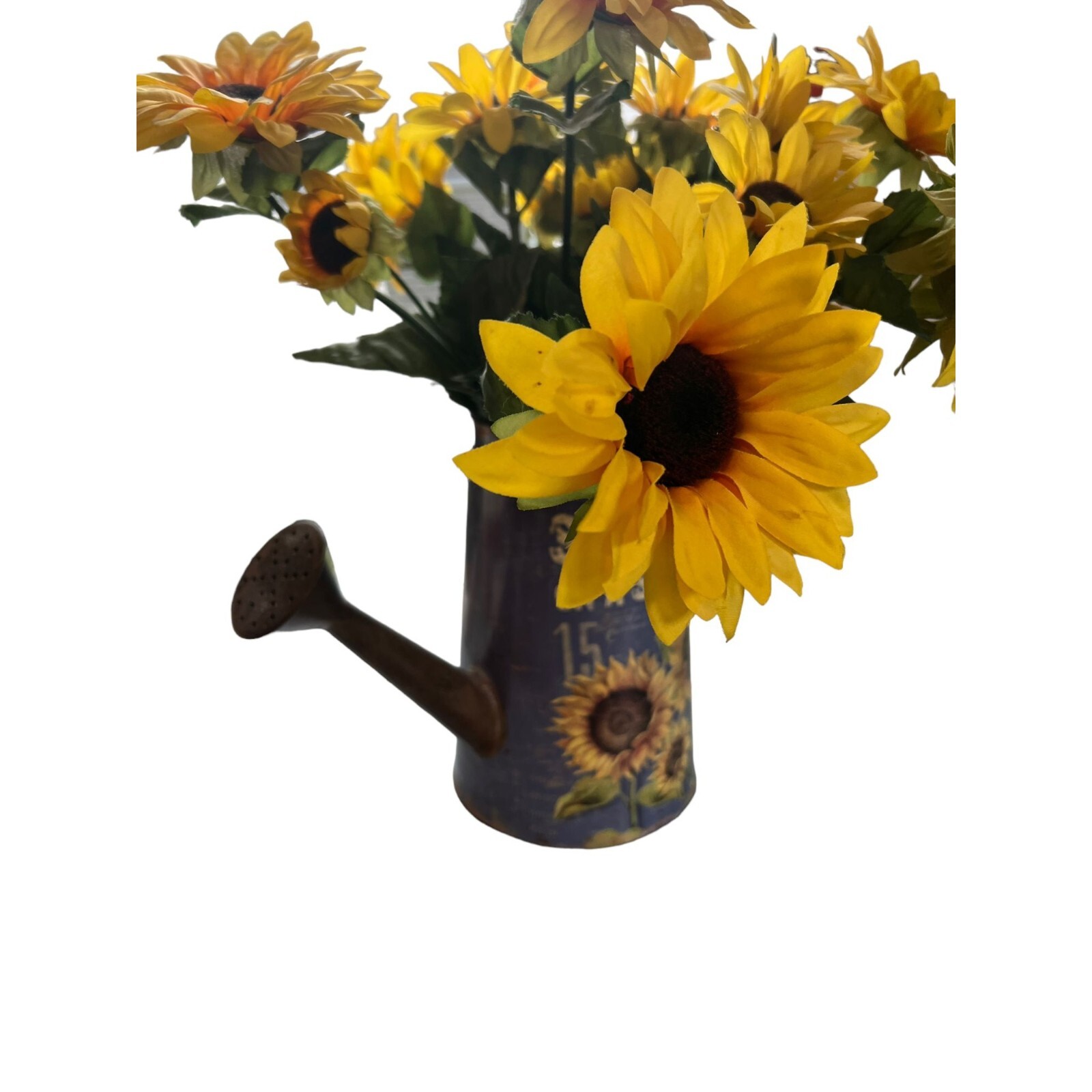 Sunflower Faux Flower Arrangement Metal Watering Can 19″ tall