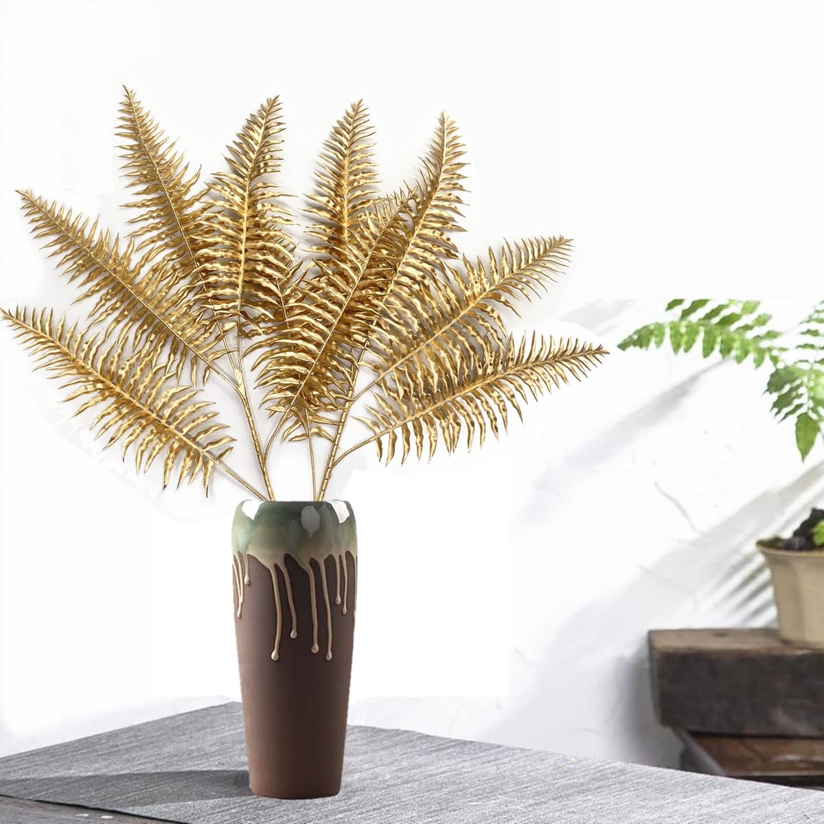 Artificial Plants Gold Persian Grass Tall 29″ 2 Pack, Fake Golden Palm Leaves…