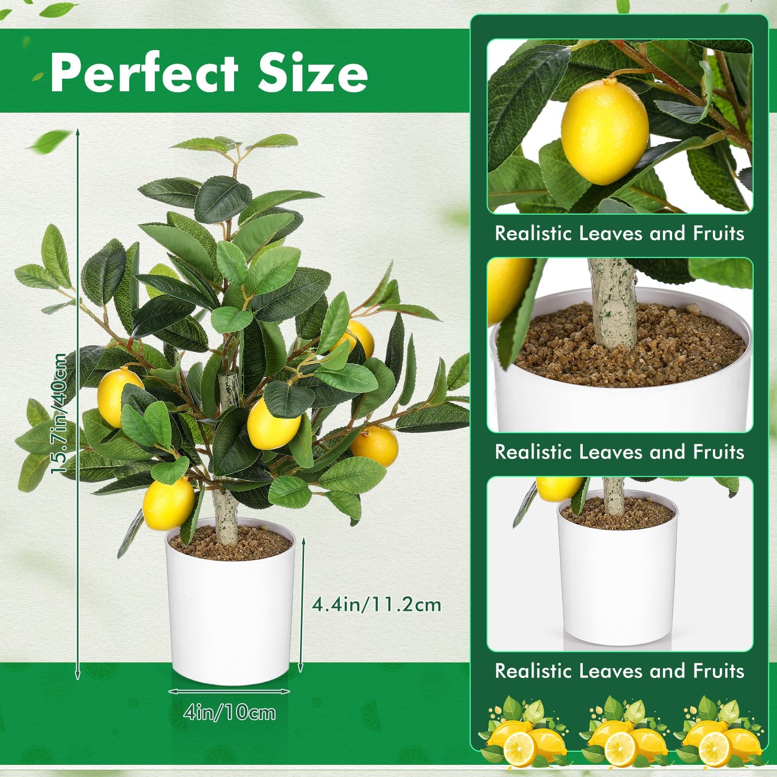 2 PCS 15.7 Inch Artificial Lemon Tree Potted Faux Citrus Plant White Pot