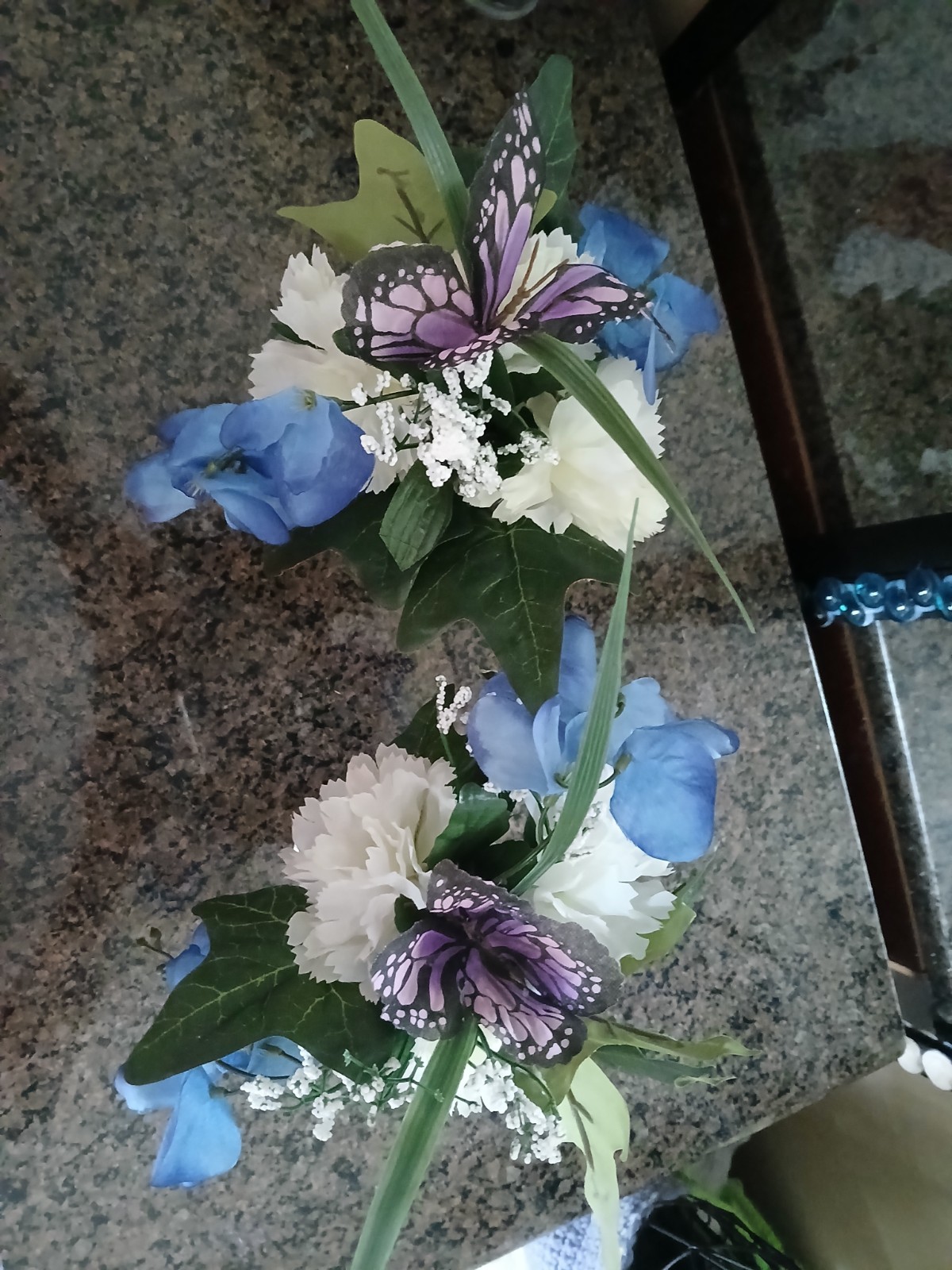Set of 4 Artificial Blue/White Floral Arrangements w/ Purple Butterflies