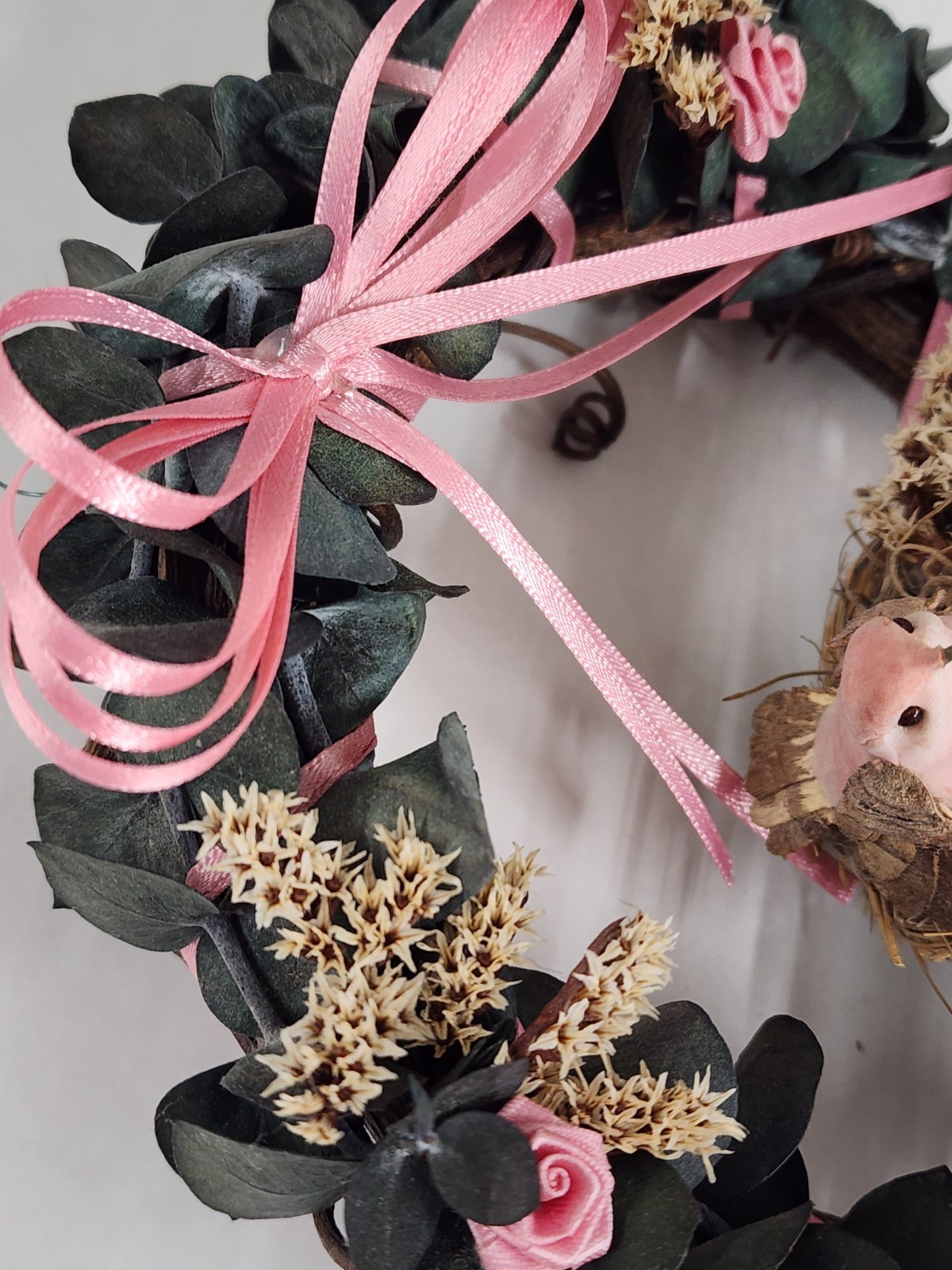 Vintage Small Bird Nest Wreath Wall Hanging Cottagecore Floral Pink Ribbon