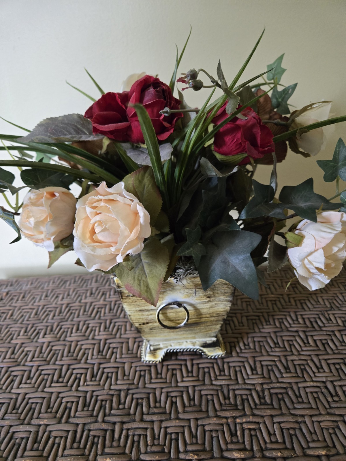 Vintage Rose Floral Arrangement in Footed Metal Pot 12″ Tall Rustic Farmhouse