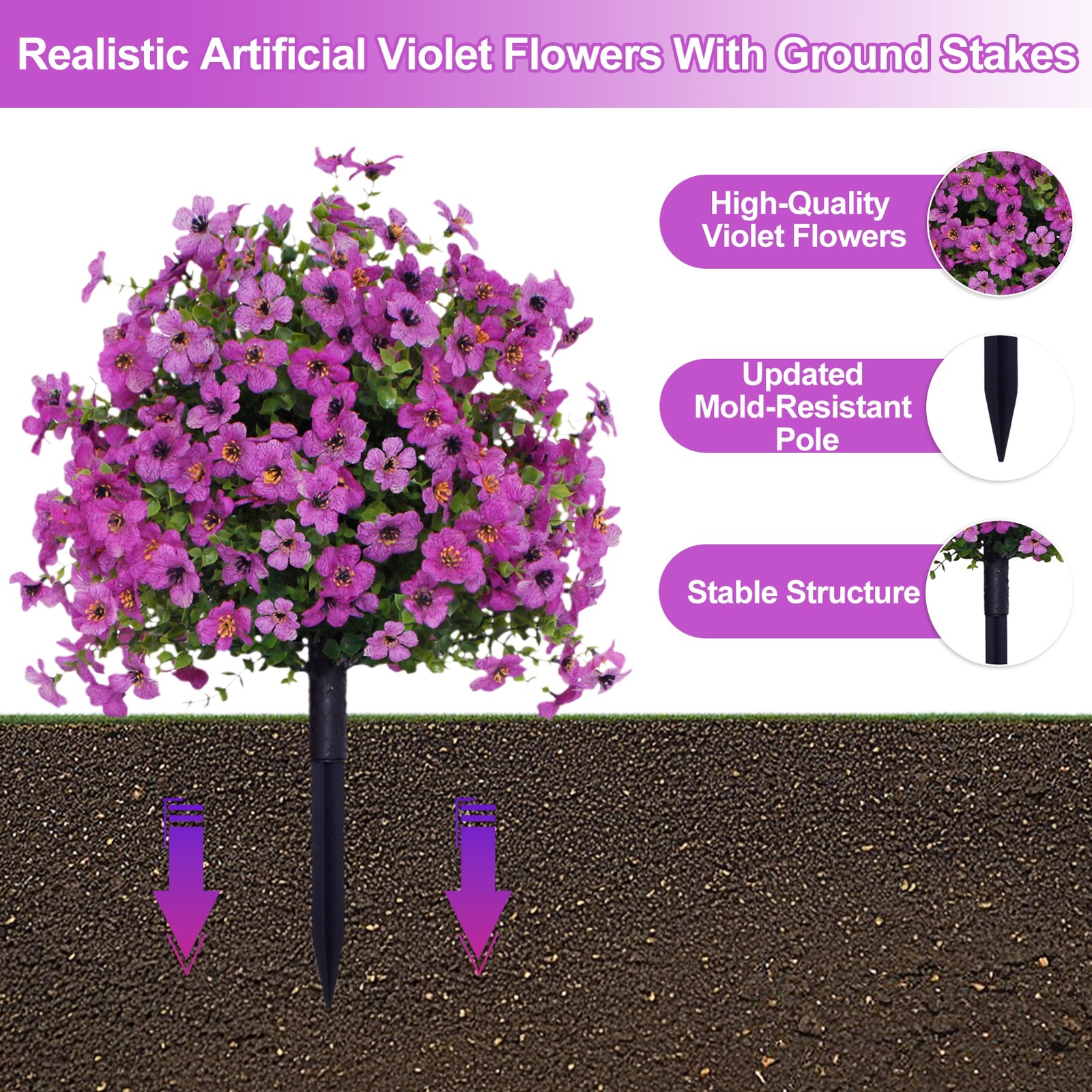 2PC Artificial Violet Flowers w/Ground Spike Fake Plants Garden Patio Yard Decor