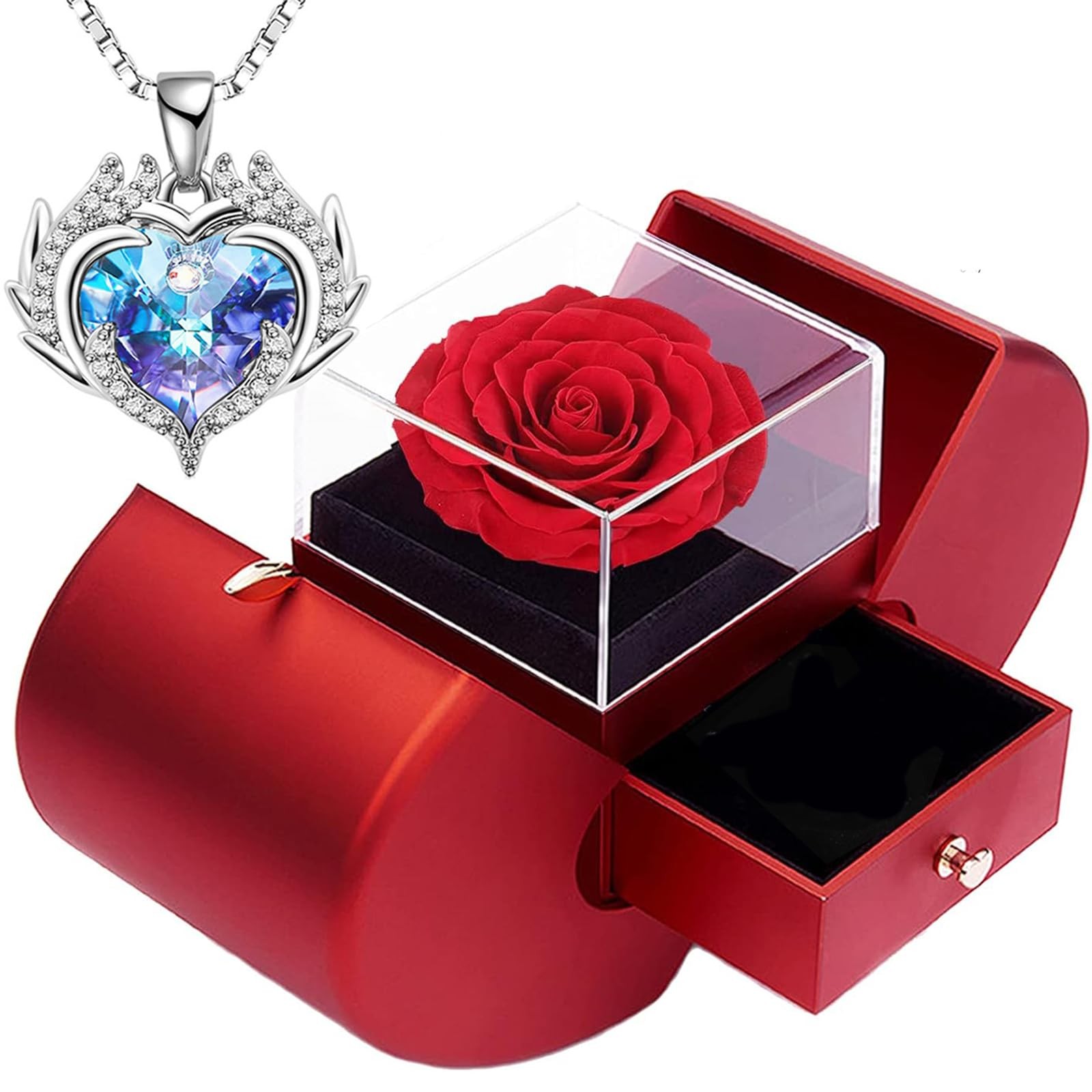 Preserved Red Rose Openable Apple-Shaped Storage Box with Angel Wing Jewelry …