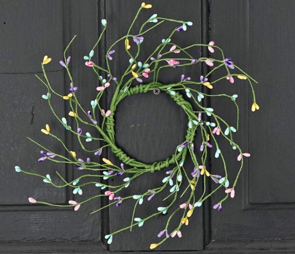 Happy Spring Pip Berry Candle Ring 3.5″ -Pastel Easter Wreath Pink Purple Green