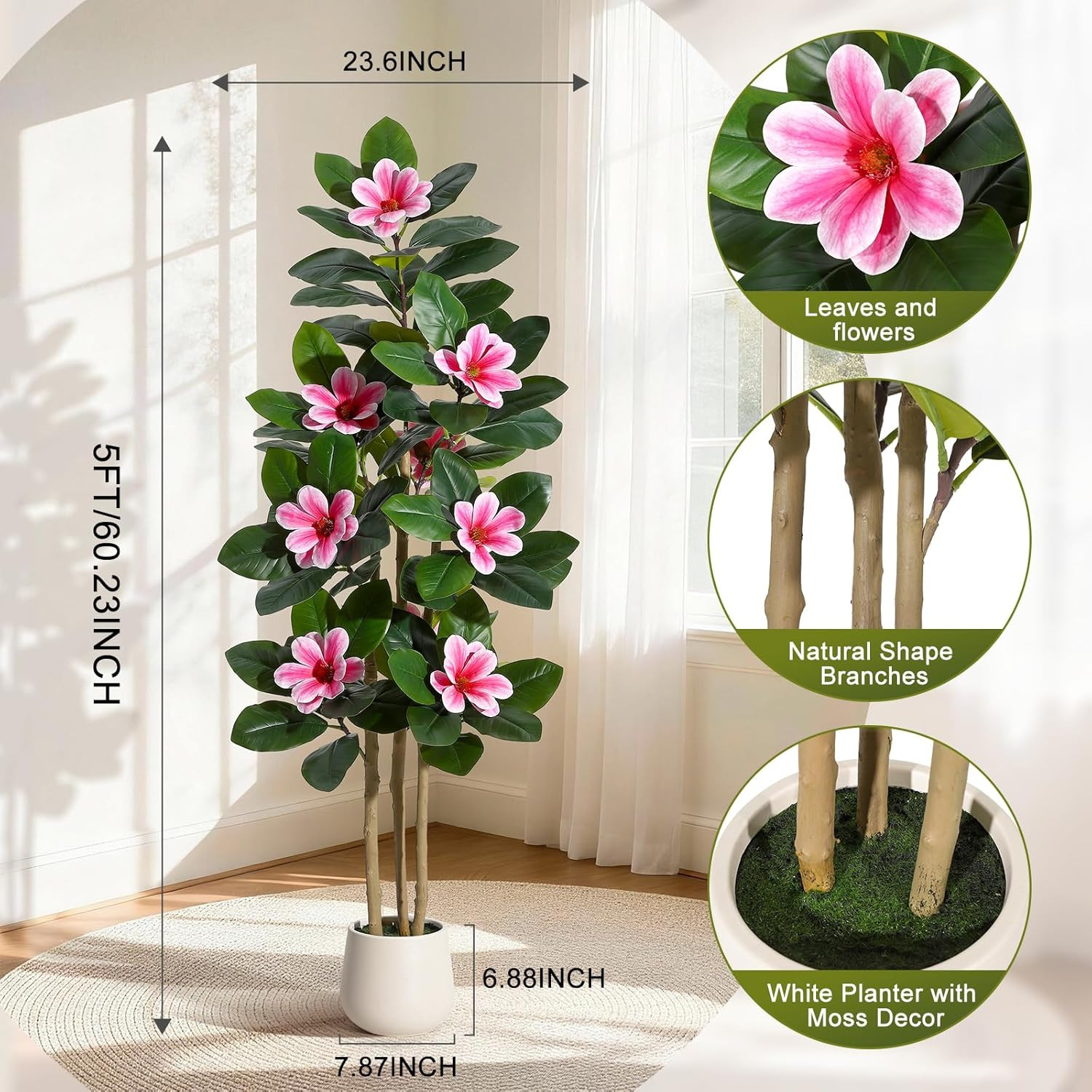 60″ Faux Rubber Tree with Real Touch Leaves & Pink Flowers for Home Decor