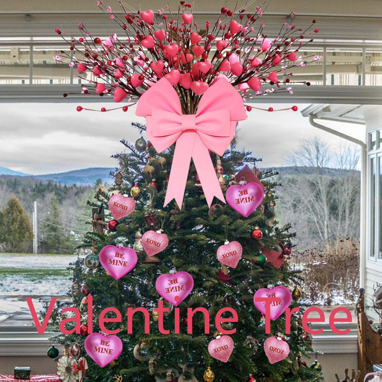 4PCS ARTIFICIAL FLOWER RED HEART SHAPED VALENTINE TREE DECOR BERRY BRANCHES VALE