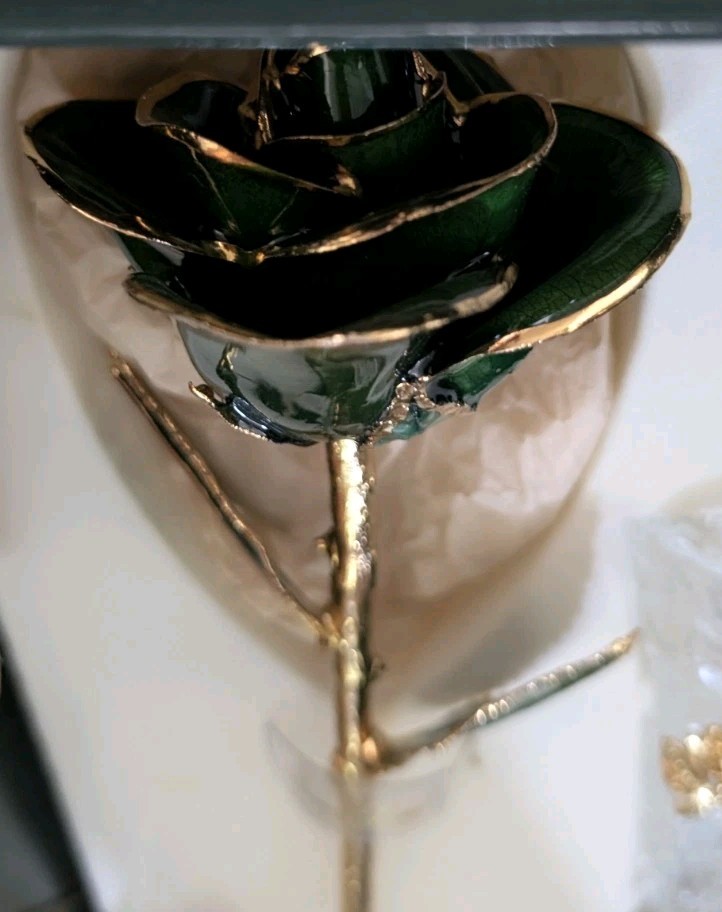 24K Gold Dipped Real Rose Emerald May Birthstone Living Gold in Box W/Vase 11″