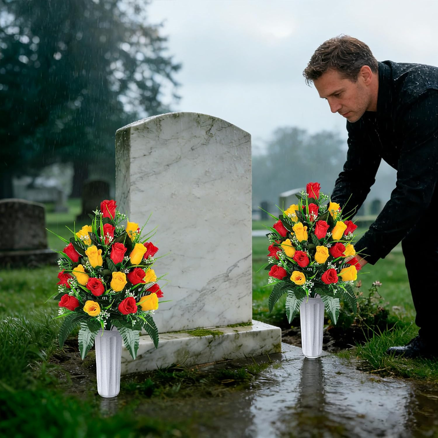 Artificial Cemetery Flowers – Set of 2 Grave Memorial Rose Flowers with Vase for