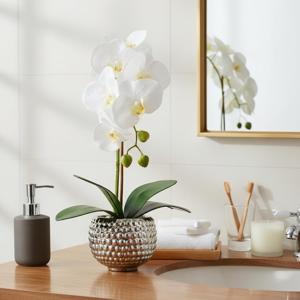 Large Artificial Orchid Flowers In Silver Pot Faux Plants Indoor Table Decor