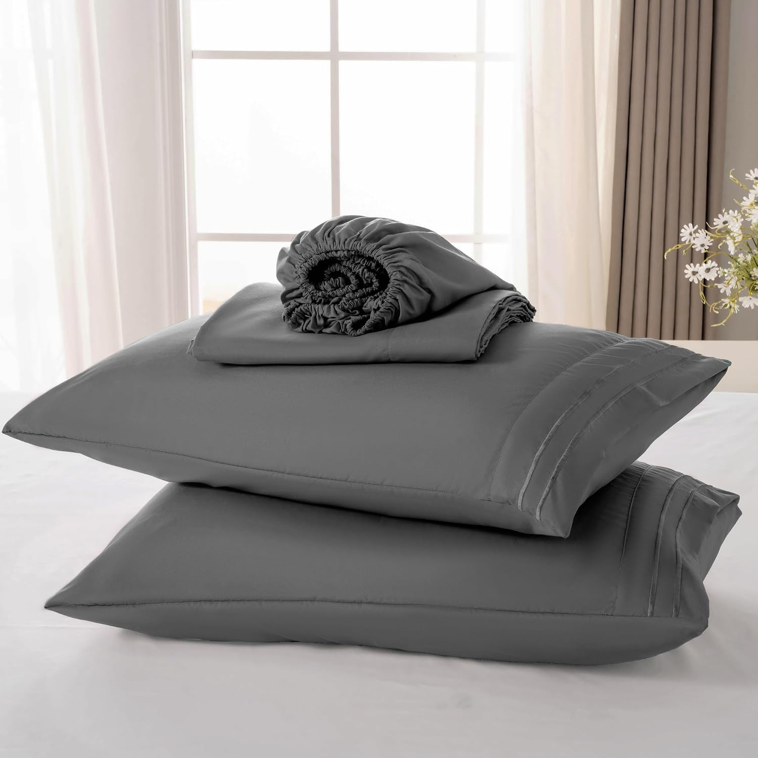 Dark Grey Queen Sheet Set, 4 Pieces Soft Bedding Queen Sheet Set, Breathable and