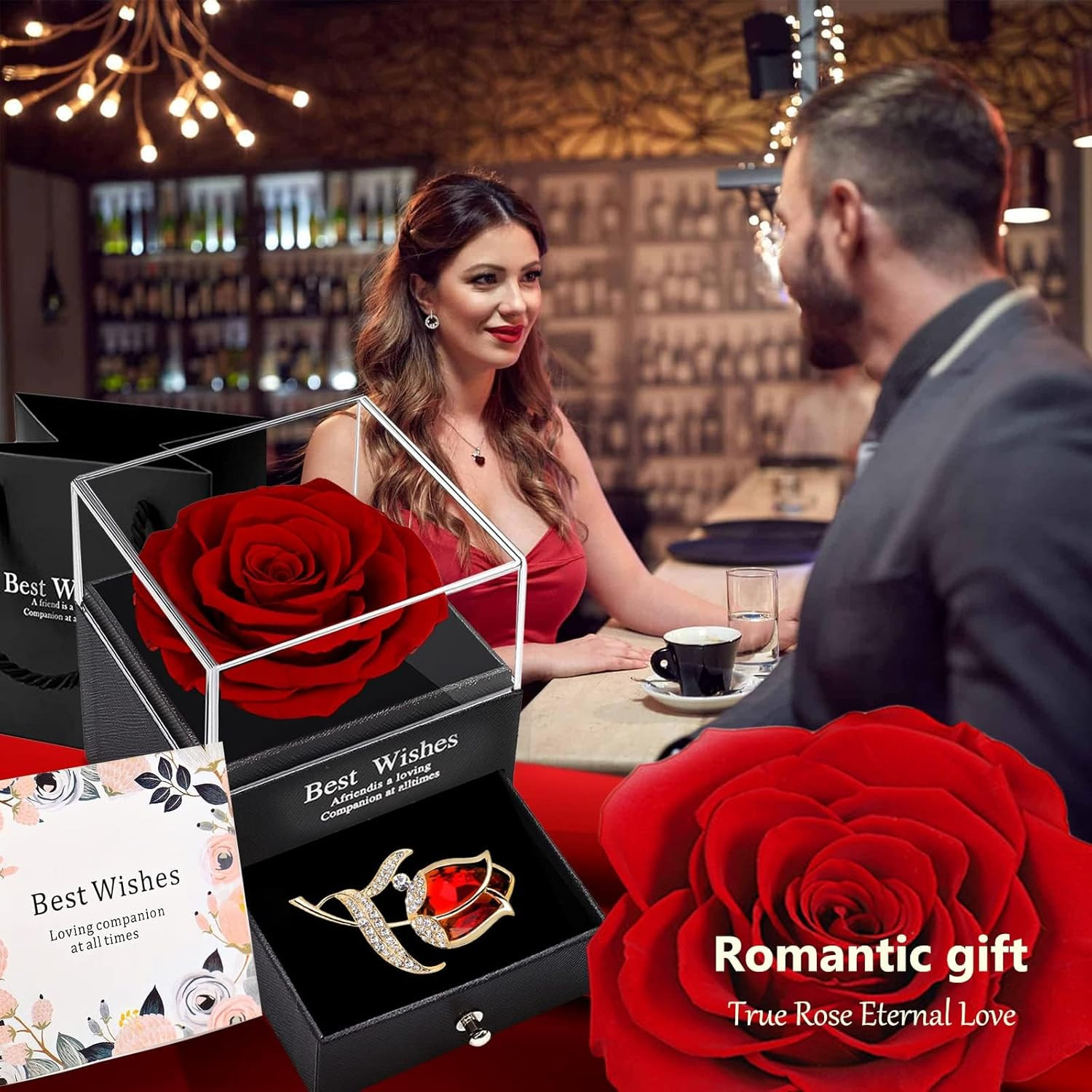 Preserved Red Rose Gift Box- Enchanted Real Roses with Ruby Brooch, Eternal Rose