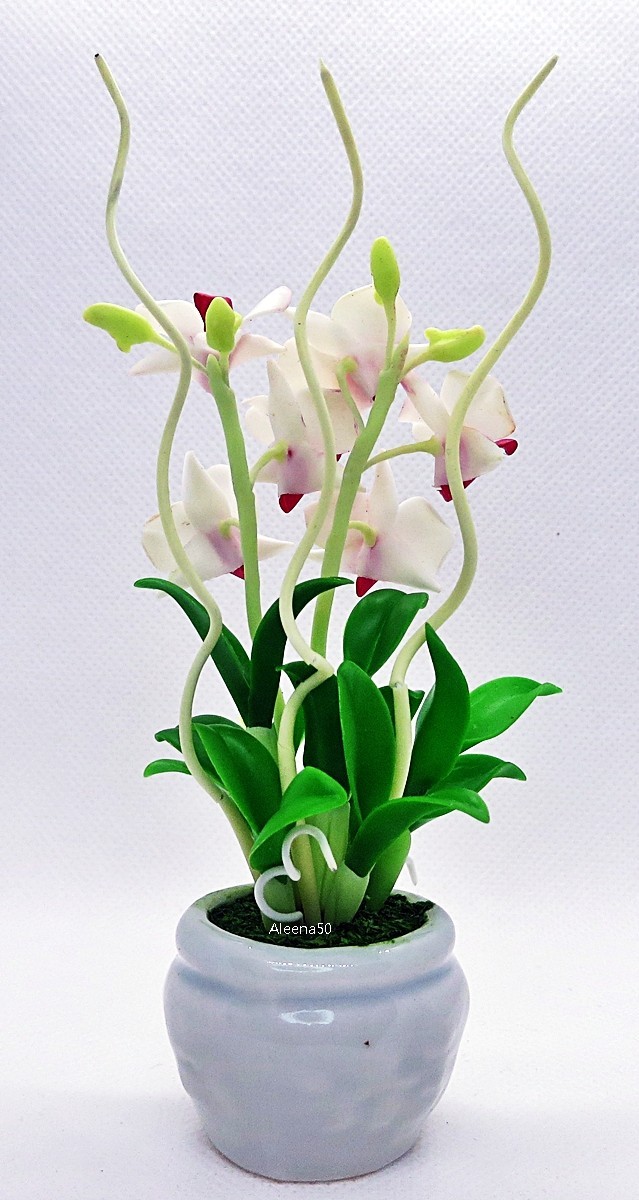 USstock 4″H Air-Dry-Clay Handmade Miniature Dendrobium Orchid Arrangement.