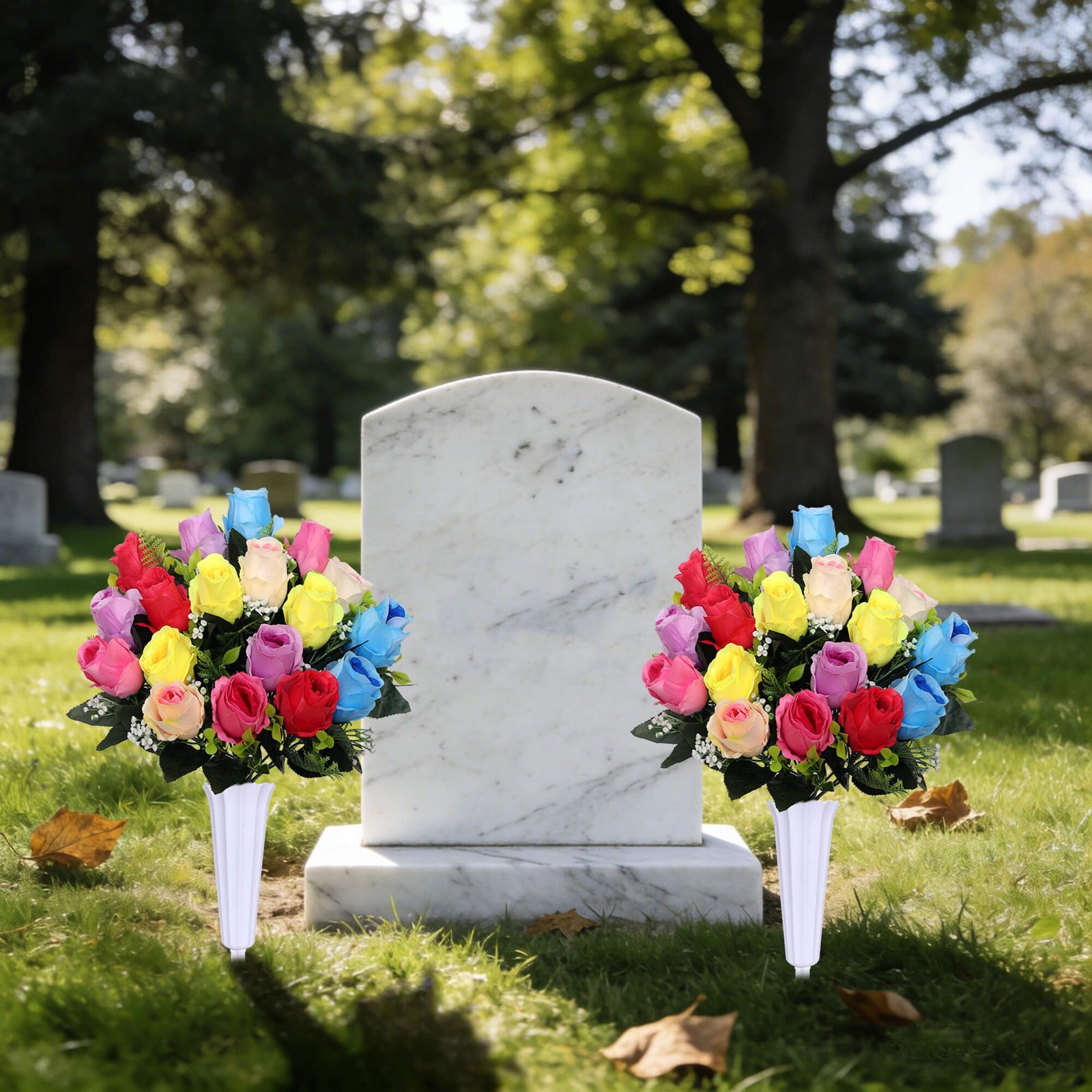 Artificial Cemetery Flowers,Set of 2 Grave Decorations Roses, Tombstone Memor…