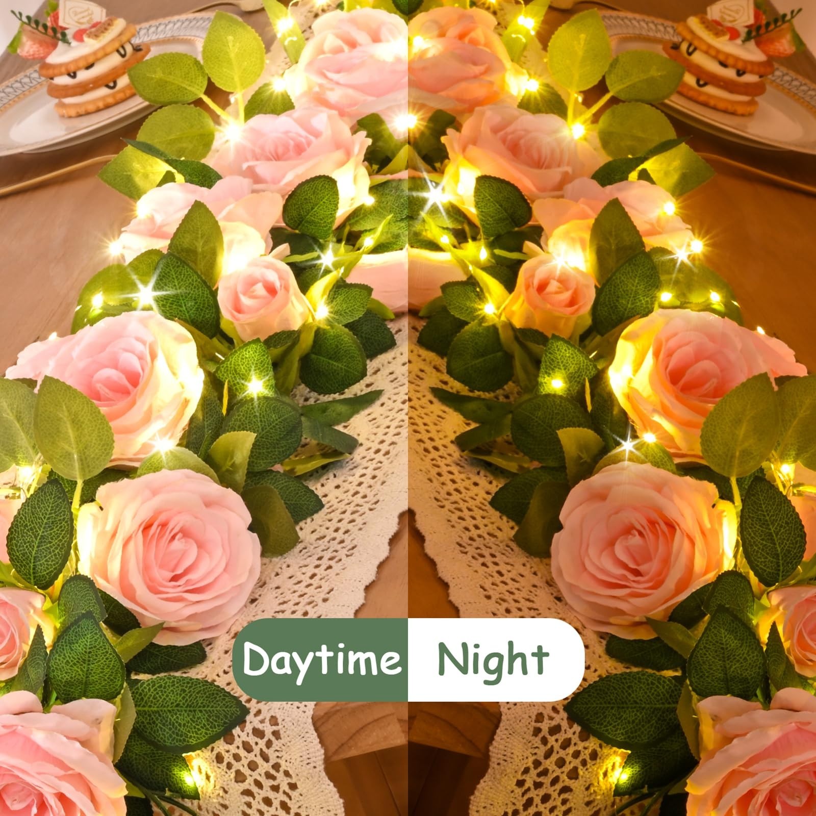 2 Pcs Floral Garland with 19.6 Ft LED Lights, Pink Silk Flowers for Wedding Deco