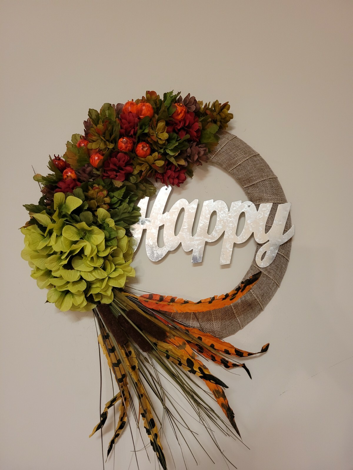 HAPPY Hydrangeas Cat tail burlap WREATH FALL Feather Decor Front Door 15″ fire