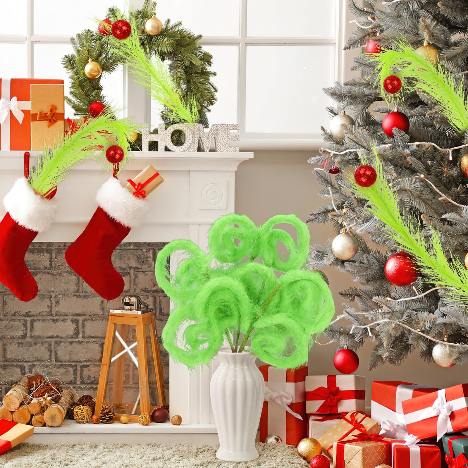 8 PCS 17 Inch Lime Green Christmas Tree Topper Ornament Furry Pick Red Ball