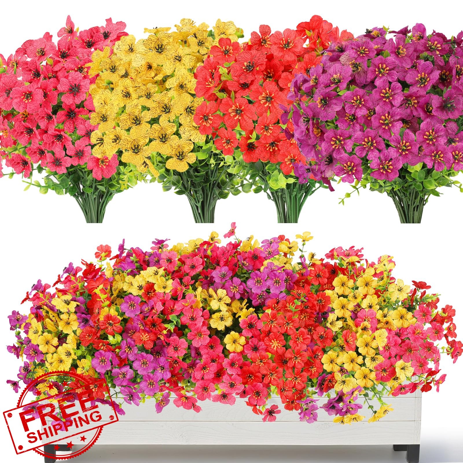 SAEUYVB 16 pcs Artificial Flowers Violet Eucalyptus Red Hot Pink Yellow Purple