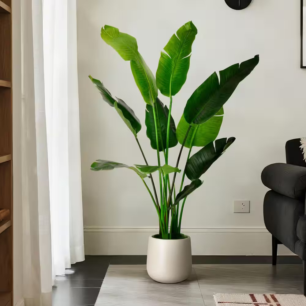 5 Ft. Artificial Banana Leaf Tree Bird of Paradise in White Decor Pot, Faux Gree
