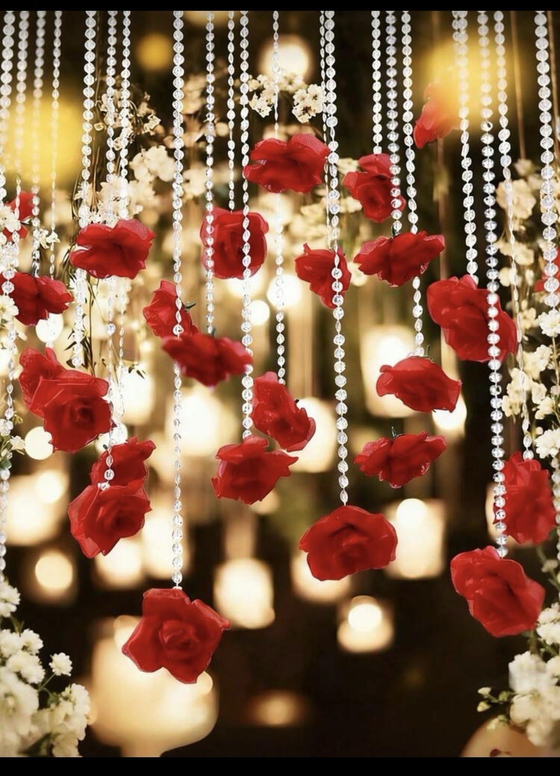 Artificial Red Rose Hanging Decor with Crystal Bead Strands, 7cm Roses 21 pcs