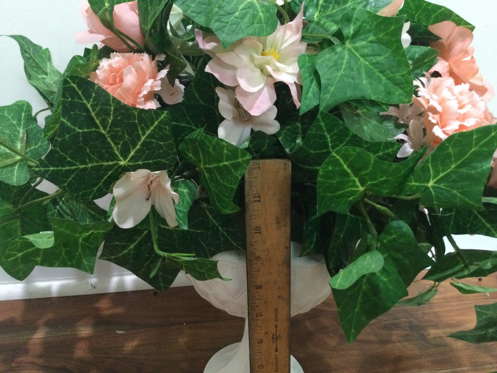 Flower Arrangement pink lily daisy 2.5′ Indiana Milk Glass Quilted Duet Pedestal