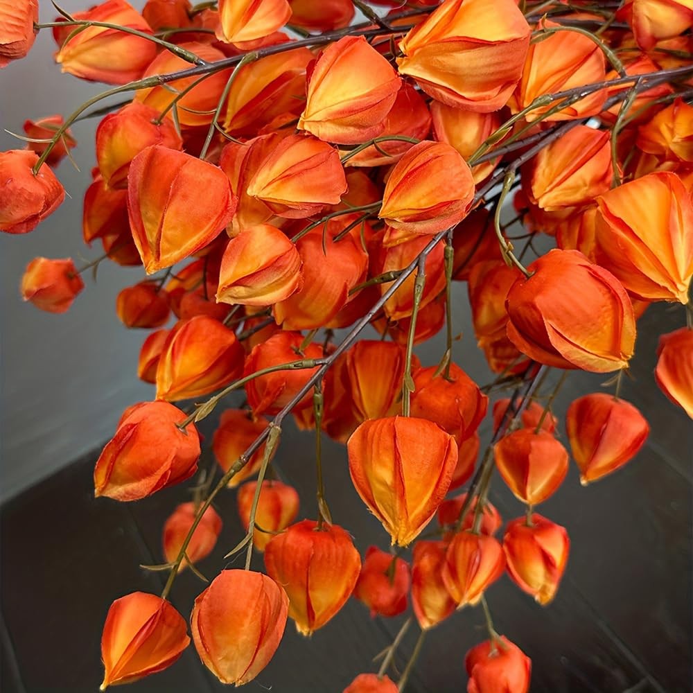 3Pcs Artificial Chinese Lantern Stems 38In Long Realistic Orange Red Silk Fau…