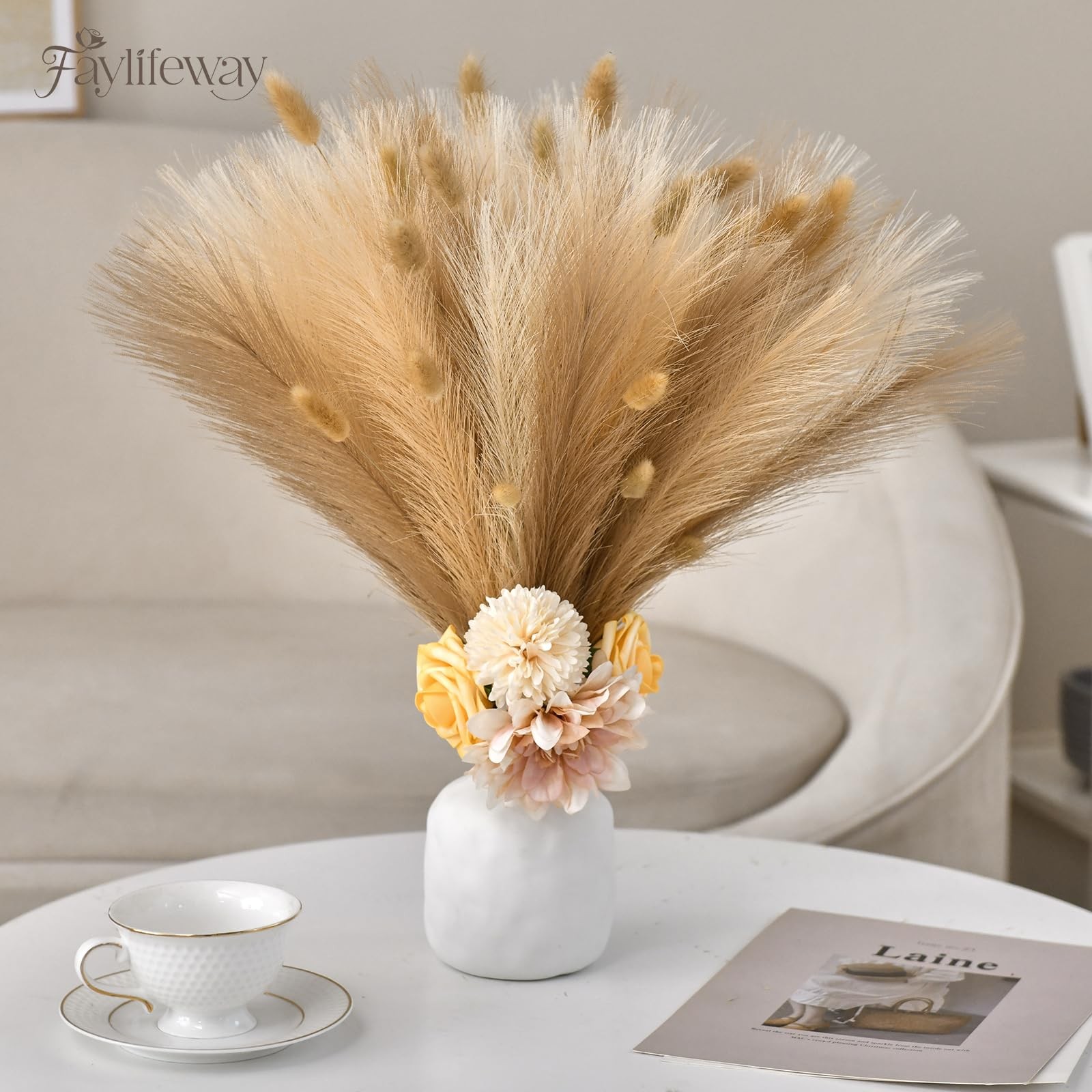 50PCS 17 Faux Pampas Grass, Sand Beige Light Brown, Fluffy, Vase Filler