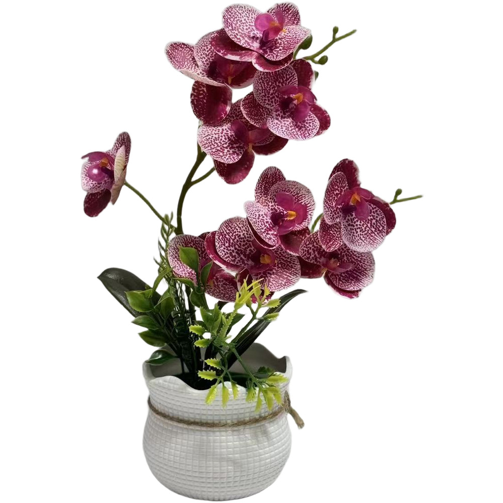 Plastic and Soft Rubber White Orchid Flower for Home Decor in Grid Pot