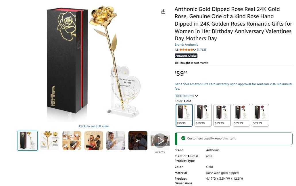 Anthonic Gold Dipped Rose Real 24K Gold Rose Gift w/ Stand & Box Open Box