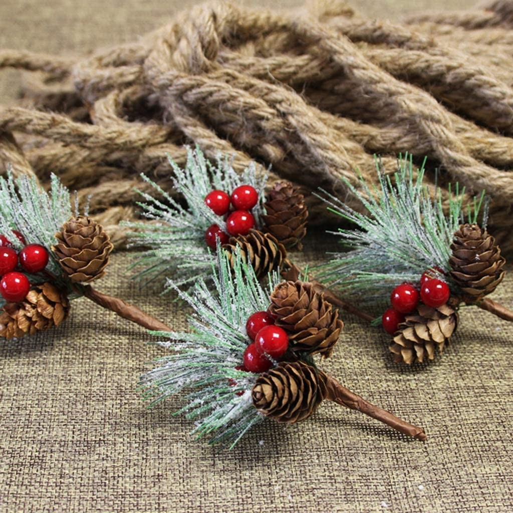 20 Pcs Artificial Pine Picks, Christmas Cone Picks Red Berry Stems, Green Pin…