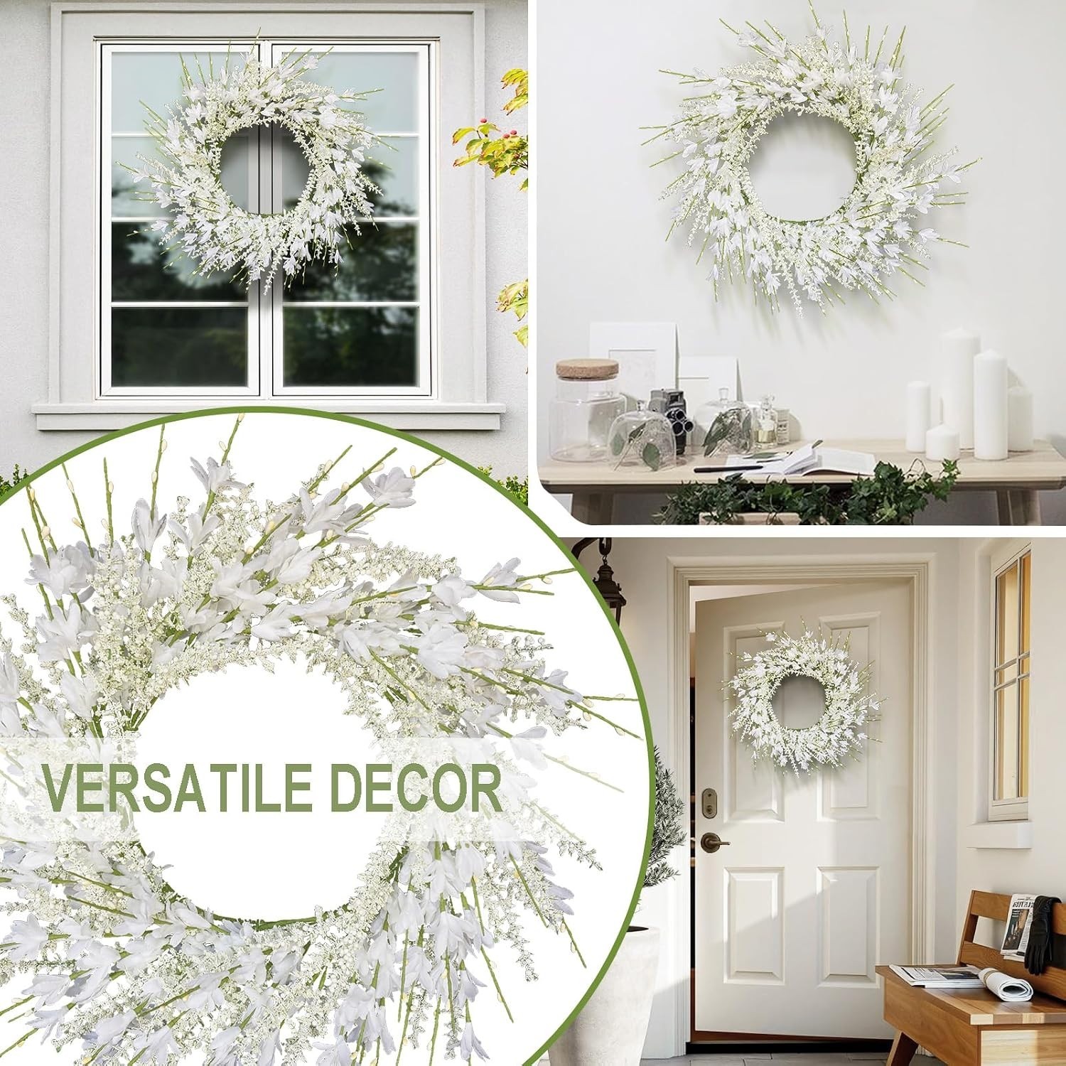 24 Inch White Forsythia Lavender Wreath Silk Floral Arrangement Wedding Decor