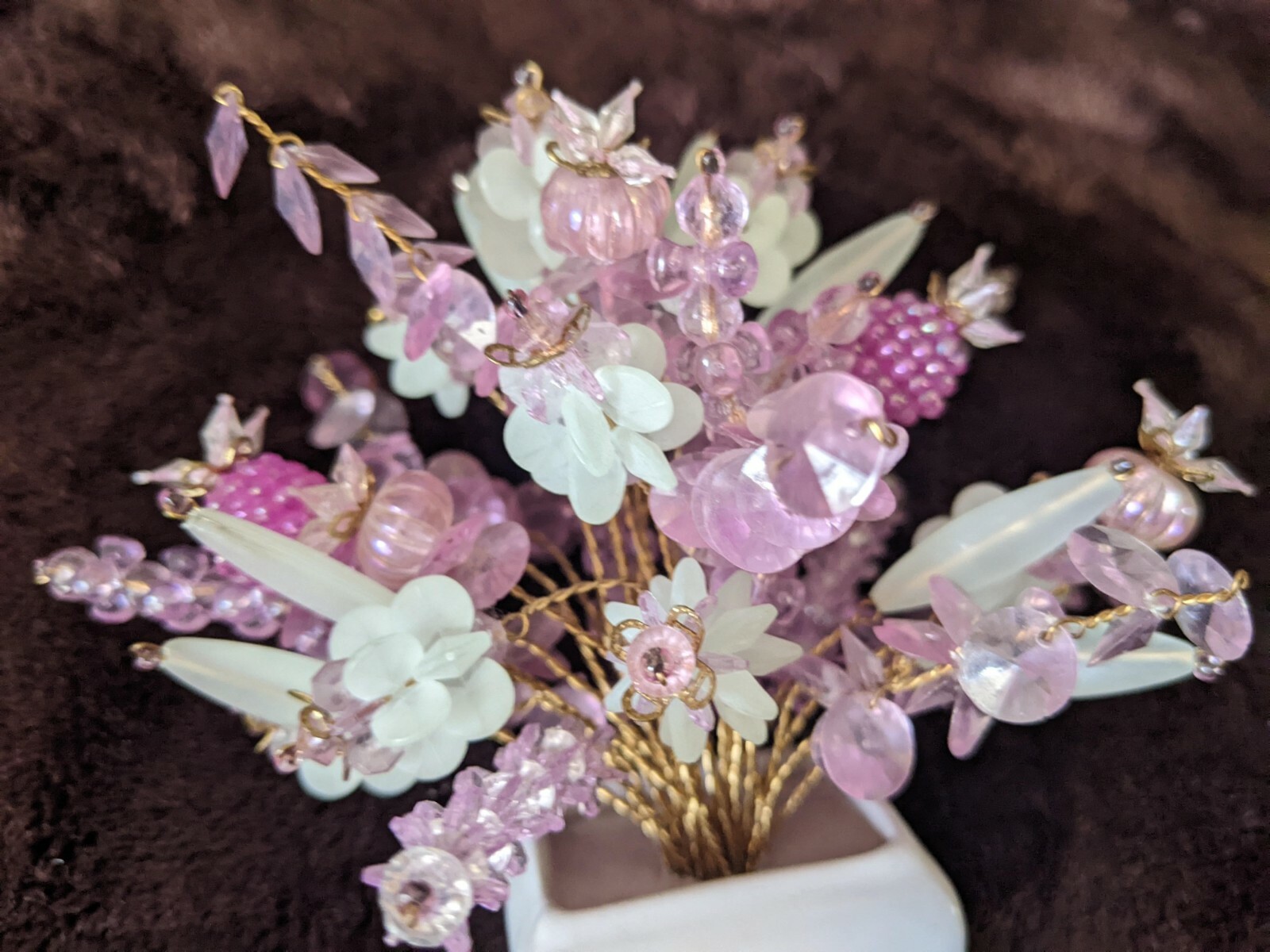 Vintage Plastic Beaded Floral Arrangement On Wire 5″ Tall
