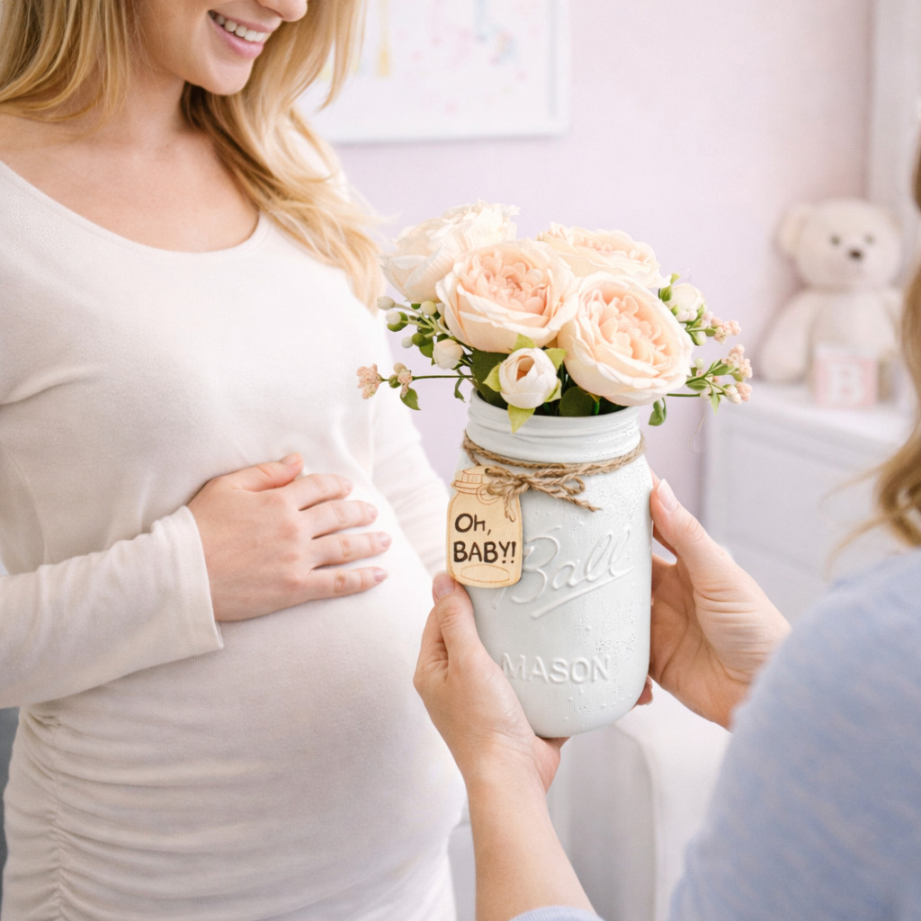 Pink English Rose Mason Jar Arrangement Baby Shower Centerpiece Nursery Decor