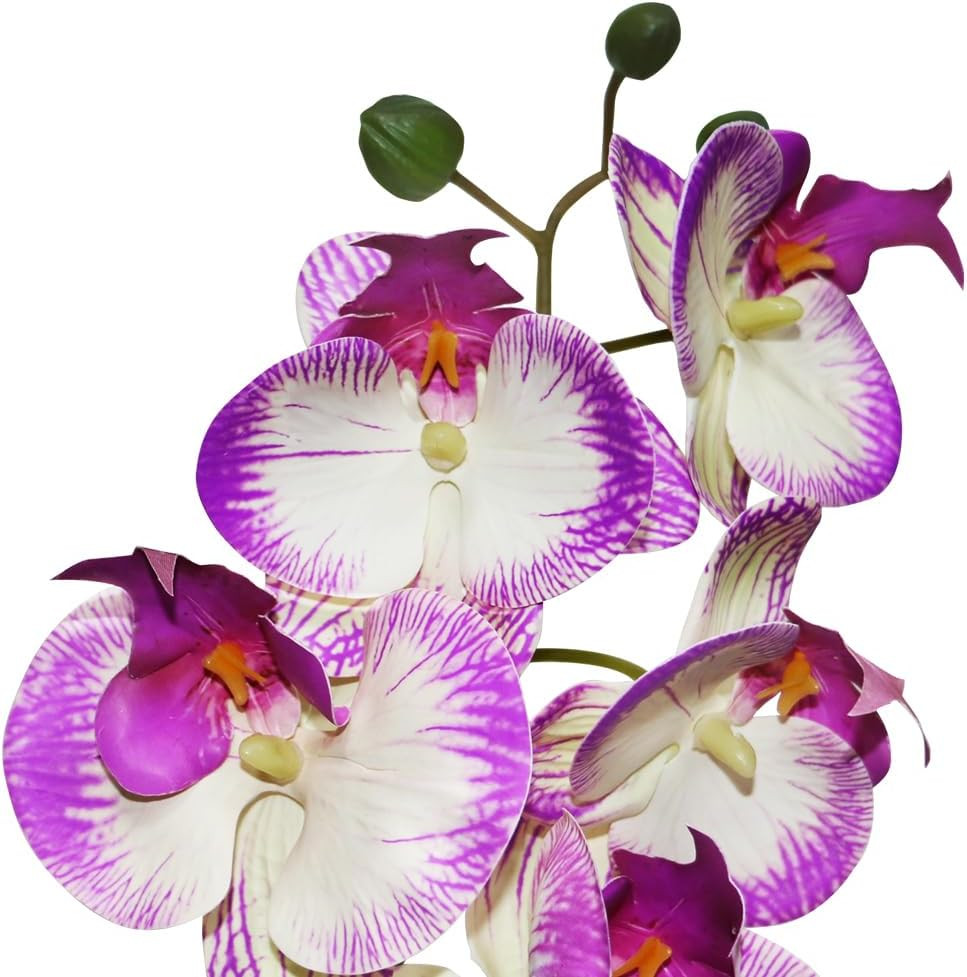 Purple Orchid Artificial Flowers 2 Stems in Grey Pot, Potted Faux Orchid Flower
