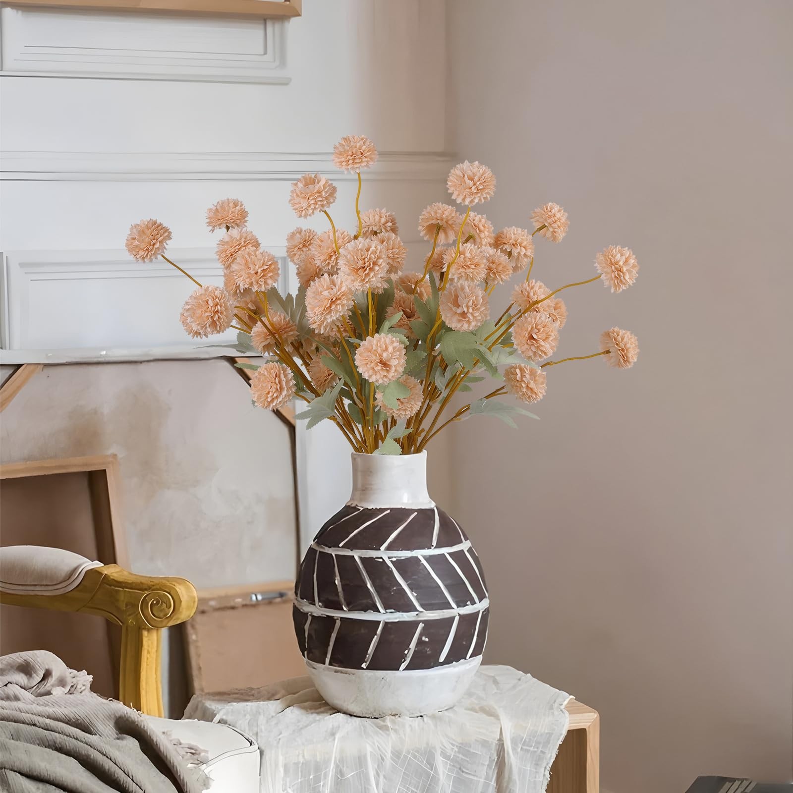 12 Pcs Artificial Chrysanthemum Flowers Beige Kiku Pom Pom Mums Faux Floral Fall