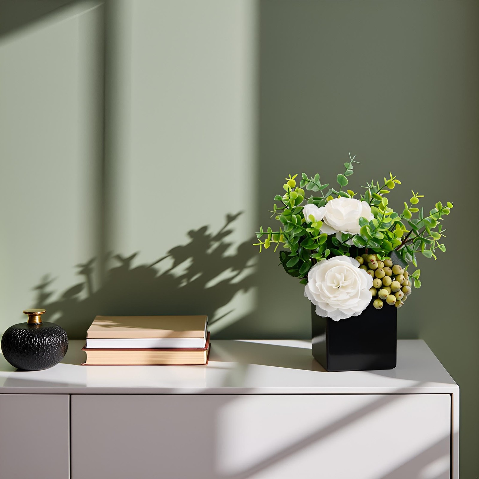 Artificial White Peony Flowers Eucalyptus Berries Black Square Vase Fake Plant
