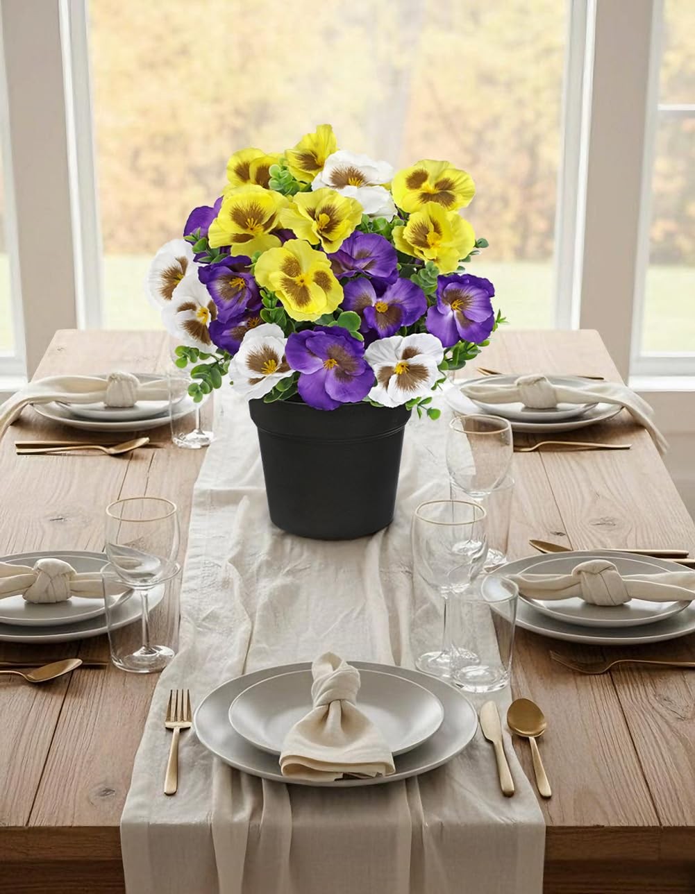 Pansy Artificial Flowers, 13.7’’ Realistic Faux Pansy Flower in Black Pot, Fa…