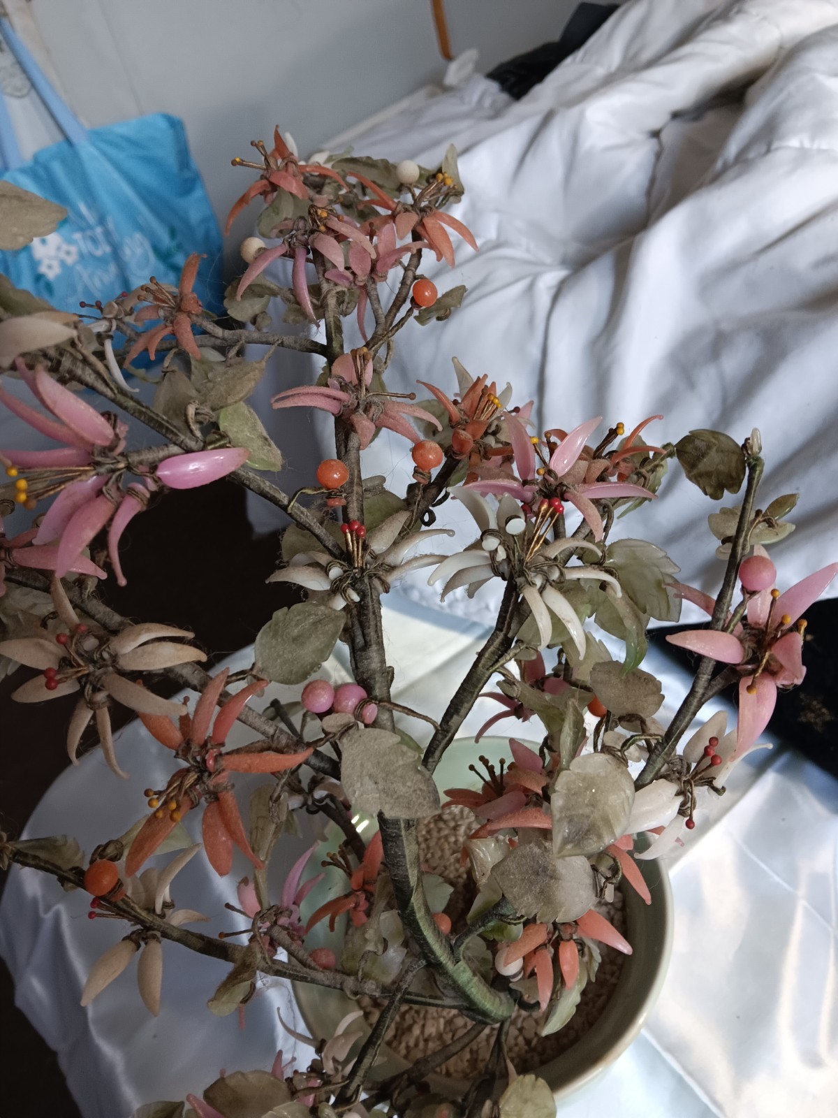 VTG Faux Gemstone Bonsai Tree with Pink/White Fruit In Celidon Ceramic Pot