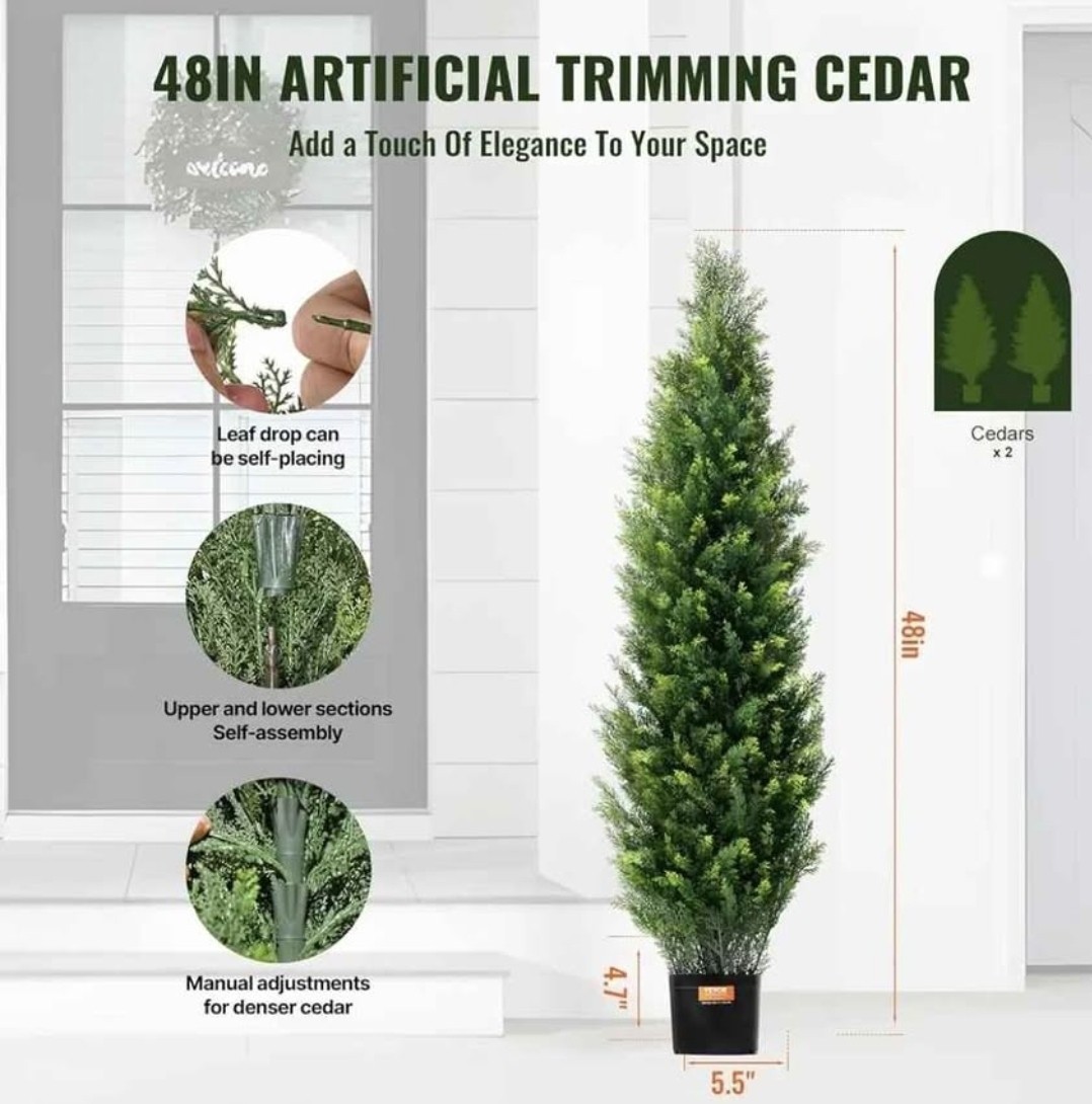 Artificial Topiary Cedar Tree, 48 Inch Tall (2 Pieces), with Extra Leaves & Pot