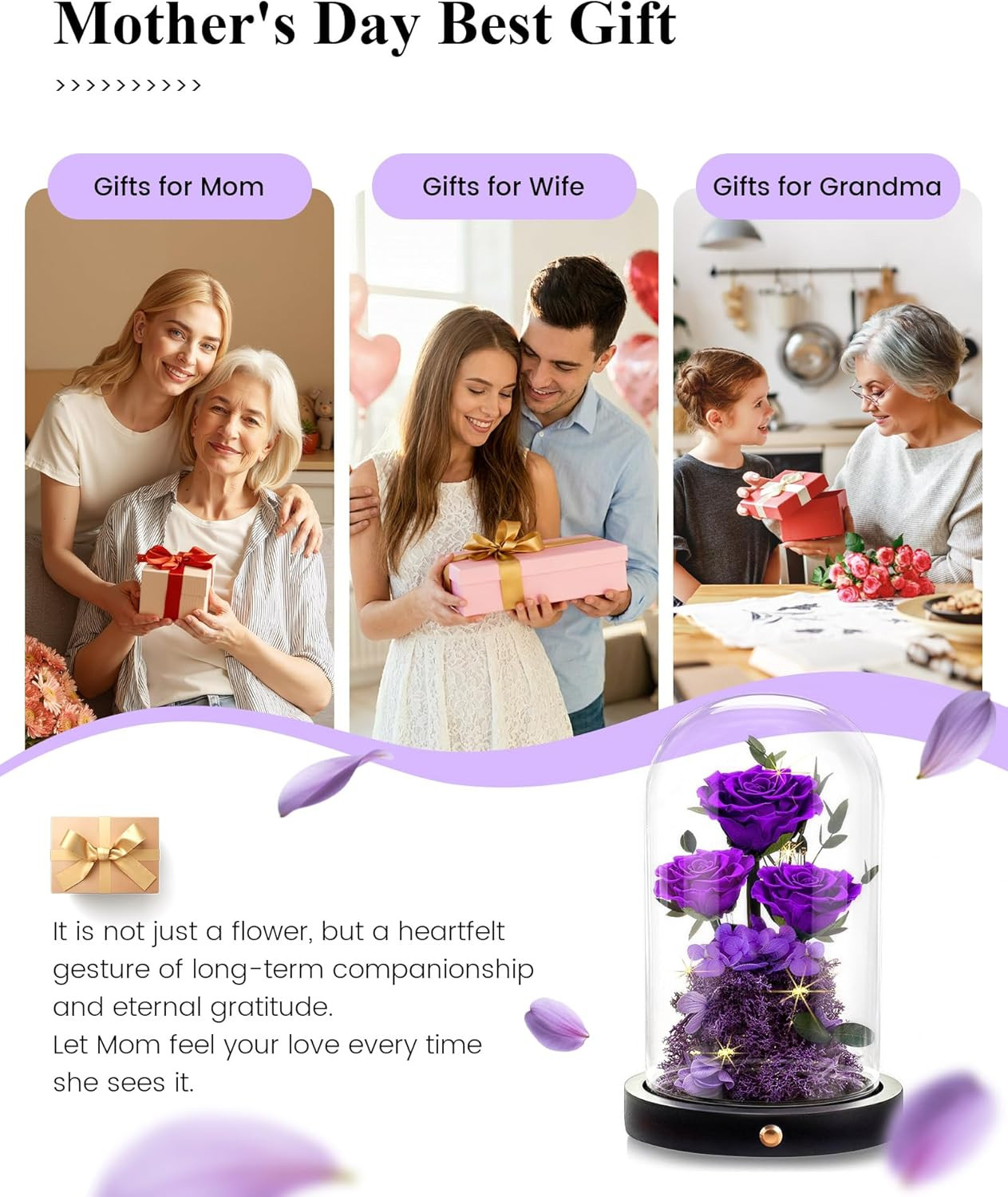 Mothers Day Roses Gifts for Mom,Forever Purple Preserved Rose in Glass Dome,Moth