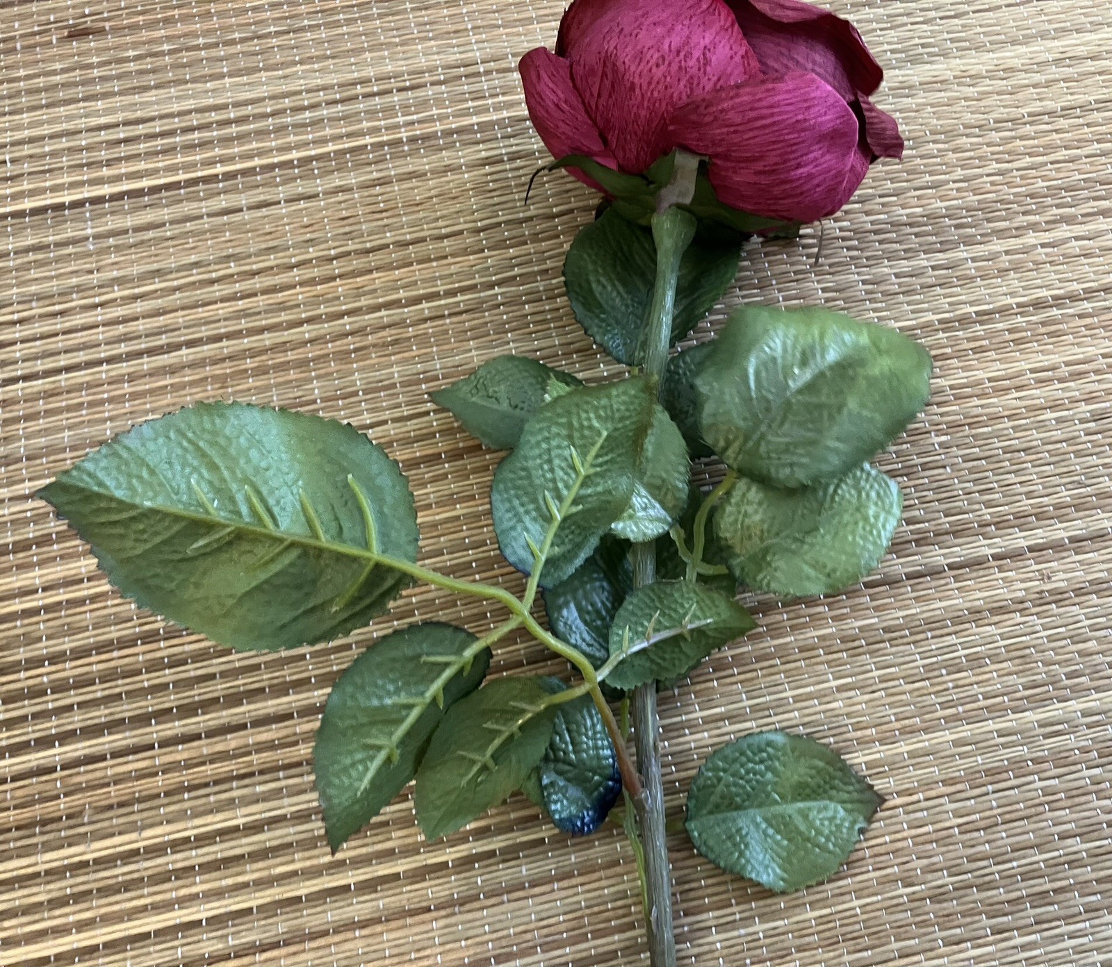 Vintage French 90’s Artificial Dark Red Cabbage ROSE Flower w/ Leaves, Long Stem