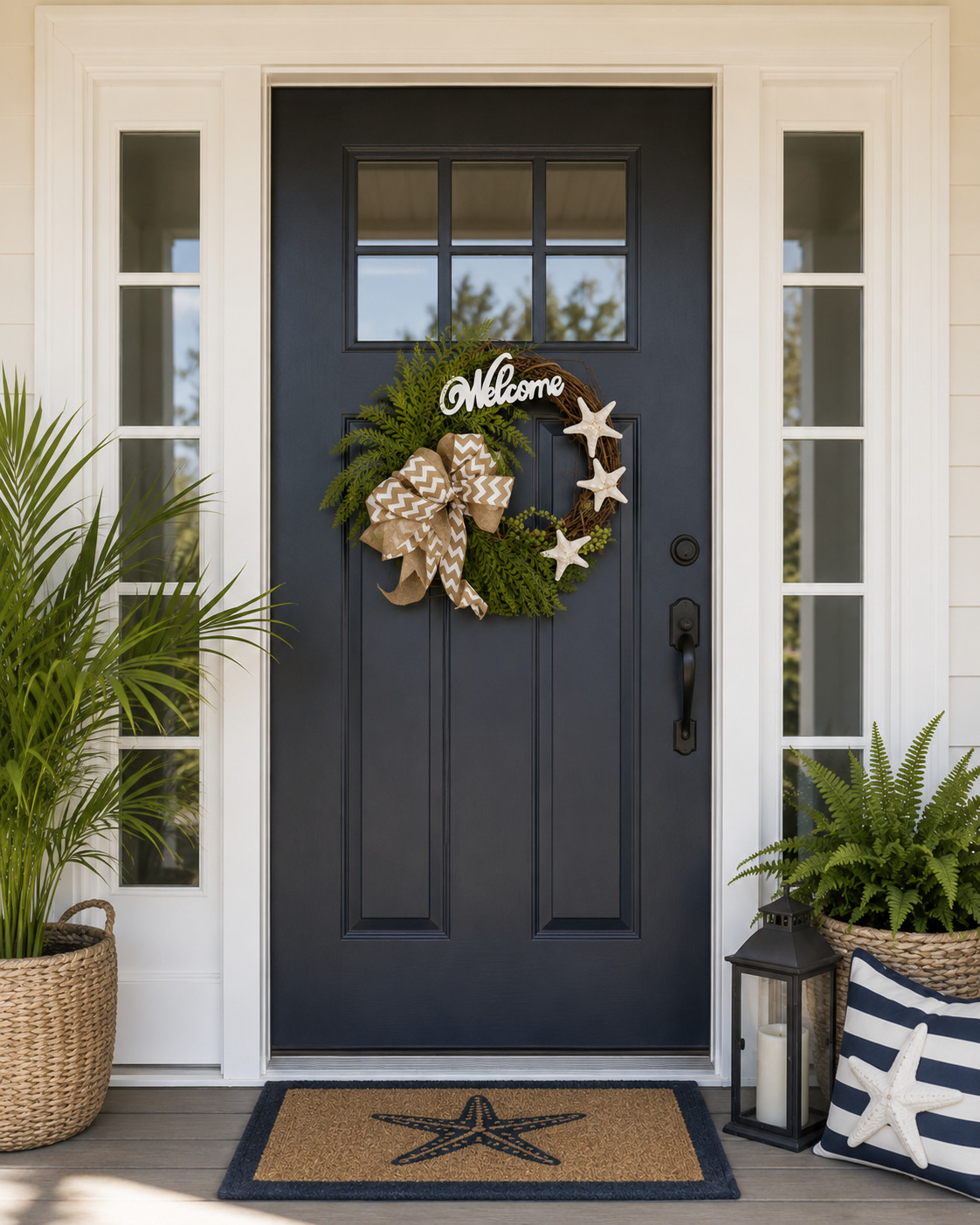 Coastal Starfish Welcome Wreath – Choice of 2 Ribbon Styles- Handmade Front Door