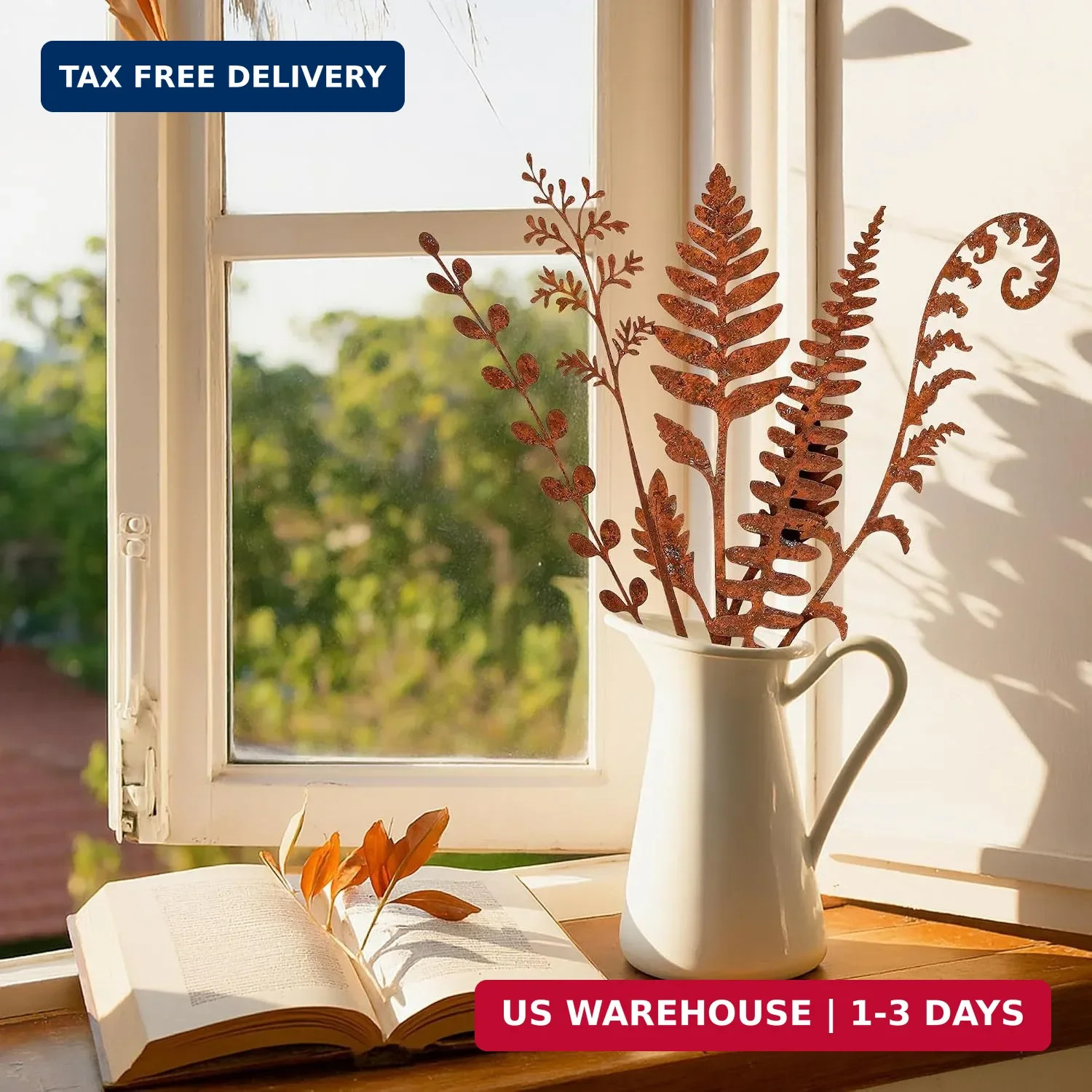 5 Pcs 14.2” Longer Rusty Metal Flowers and Plants, Rustic Metal Fern Leaf Garde