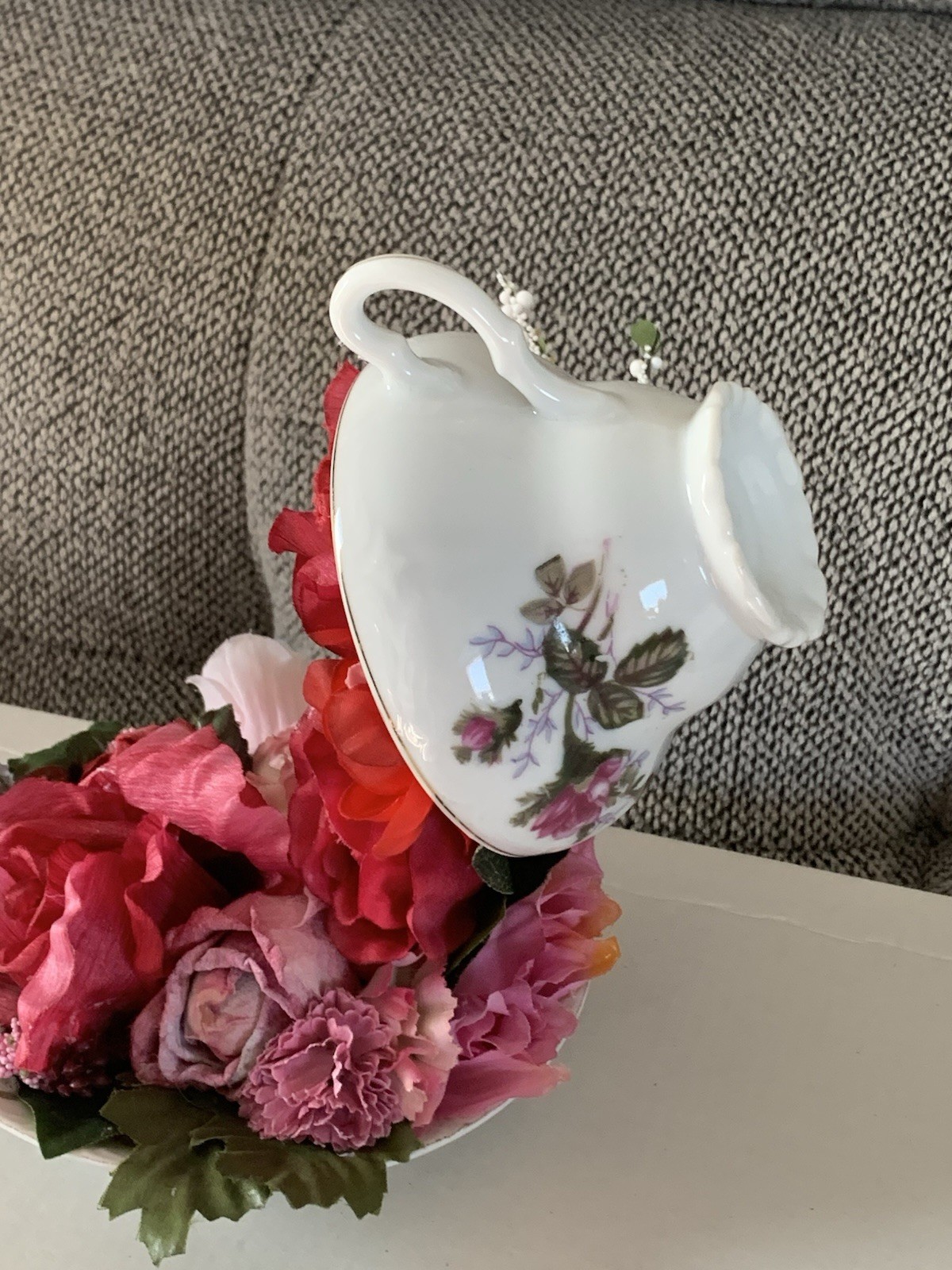 Mystical FLOATING PORCELAIN TEACUP/ARTIST MADE OOAK/Red & Pink FLORAL CASCADES/