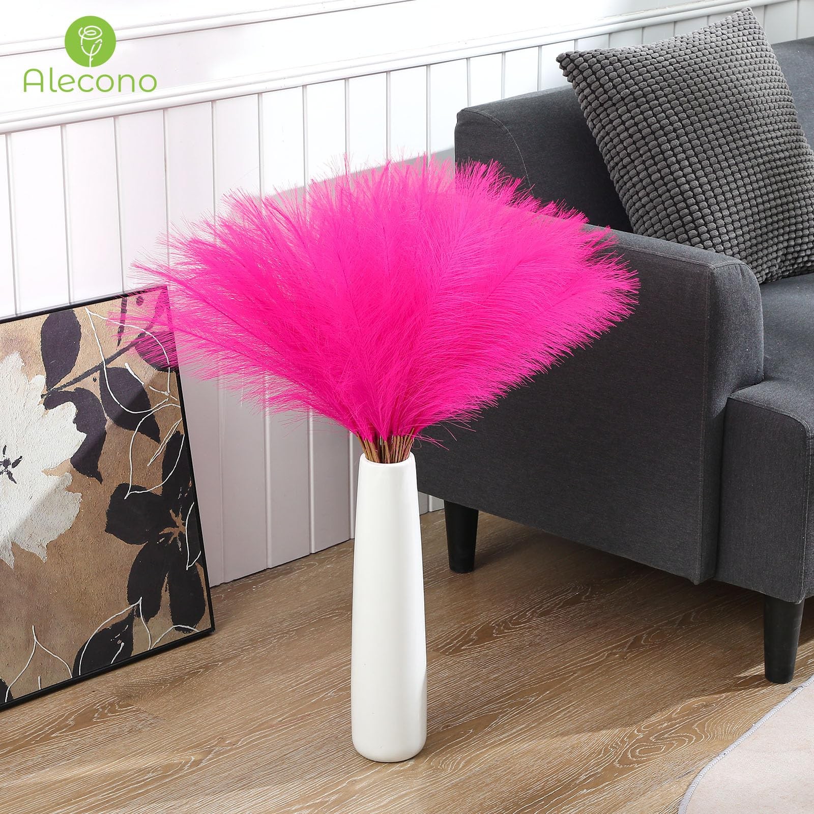 Hot Pink Pampas Grass 17in 𝟯𝟬𝙋𝙘𝙨, Artificial Faux Fluffy Pampas Grass De…