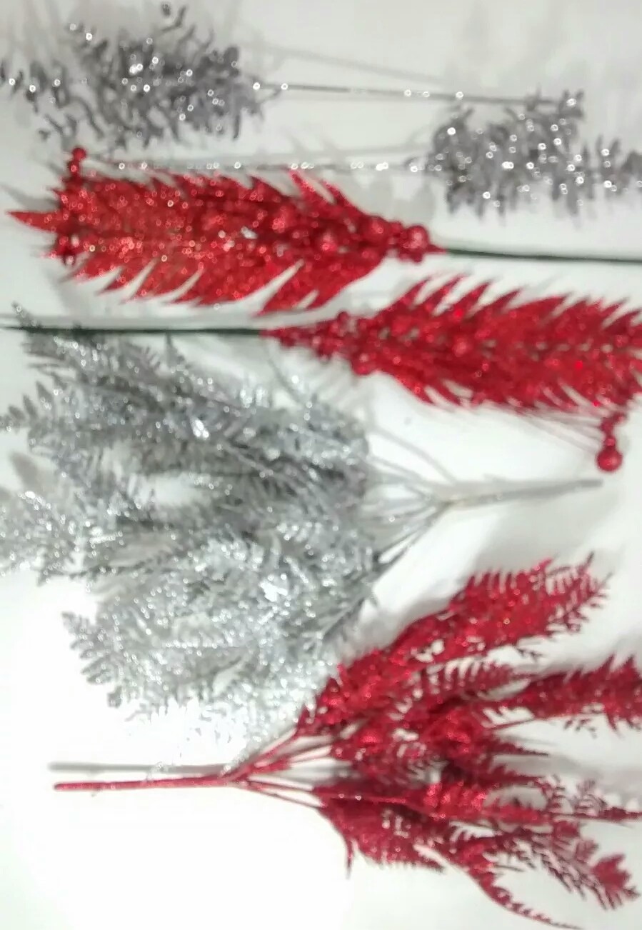 Set Of 6 Mixed Metallic Glitter Red & Silver Berry Sprays Floral Decoration