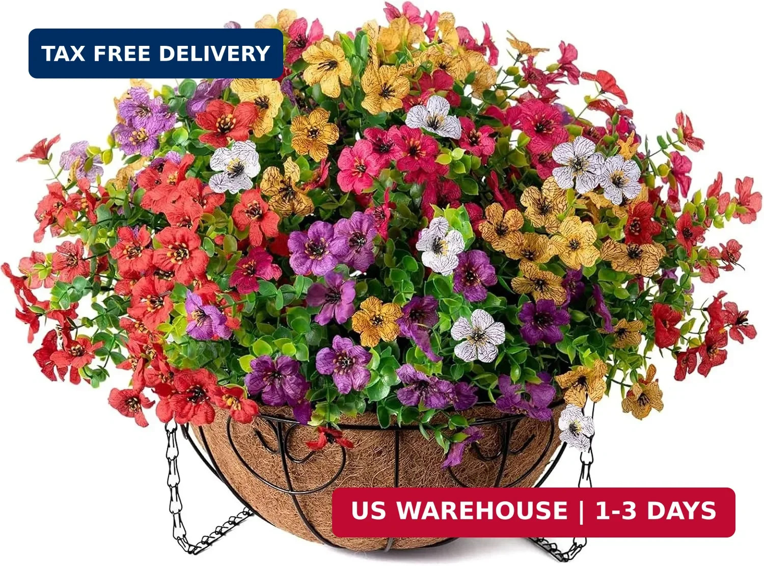 HyeFlora Artificial Faux Hanging Plants Flowers Basket for Summer Outdoor Outsid