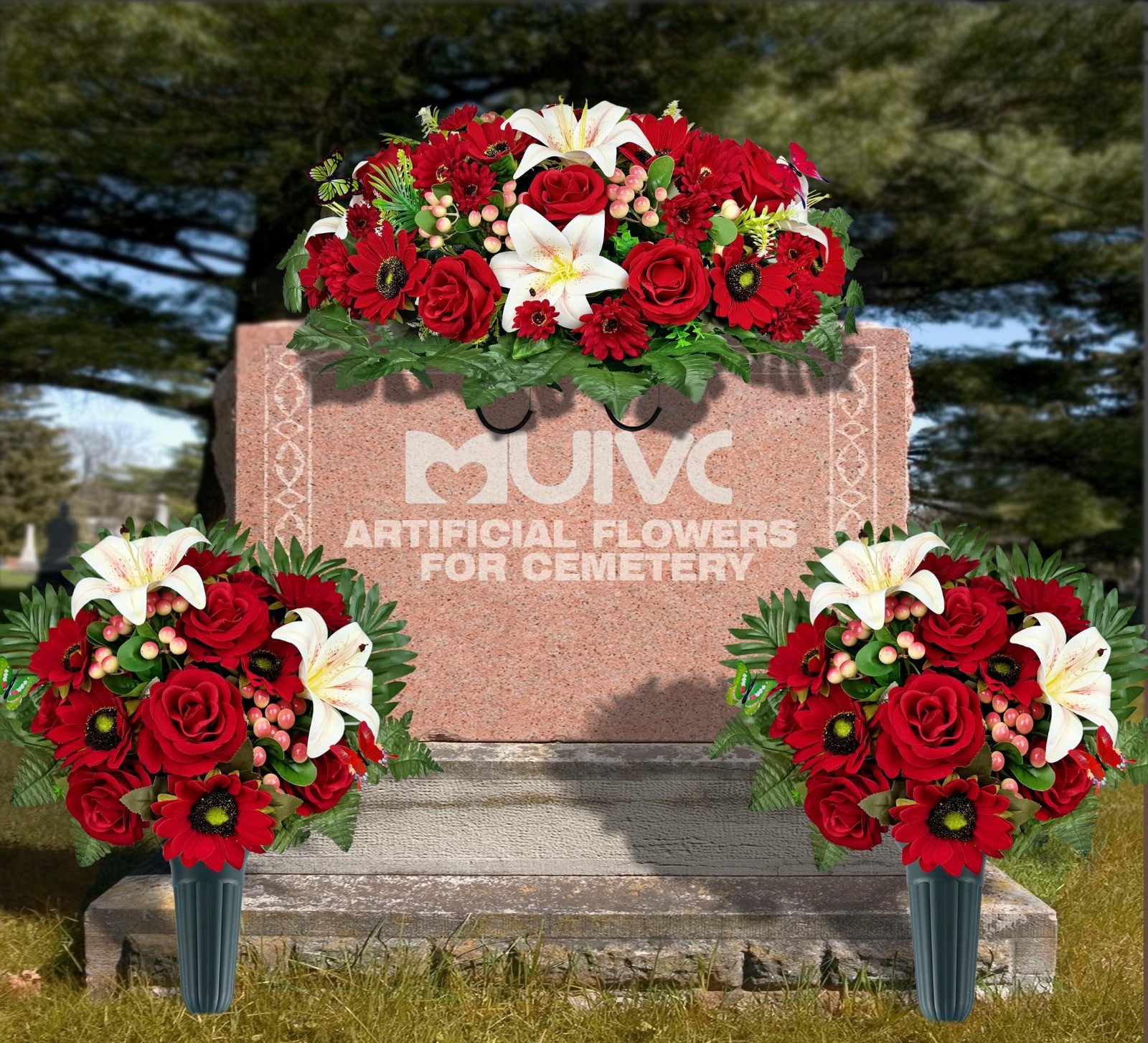 Artificial Cemetery Flower Bouquets – 3-Piece Headstone Saddle Set, Colorfast Ro