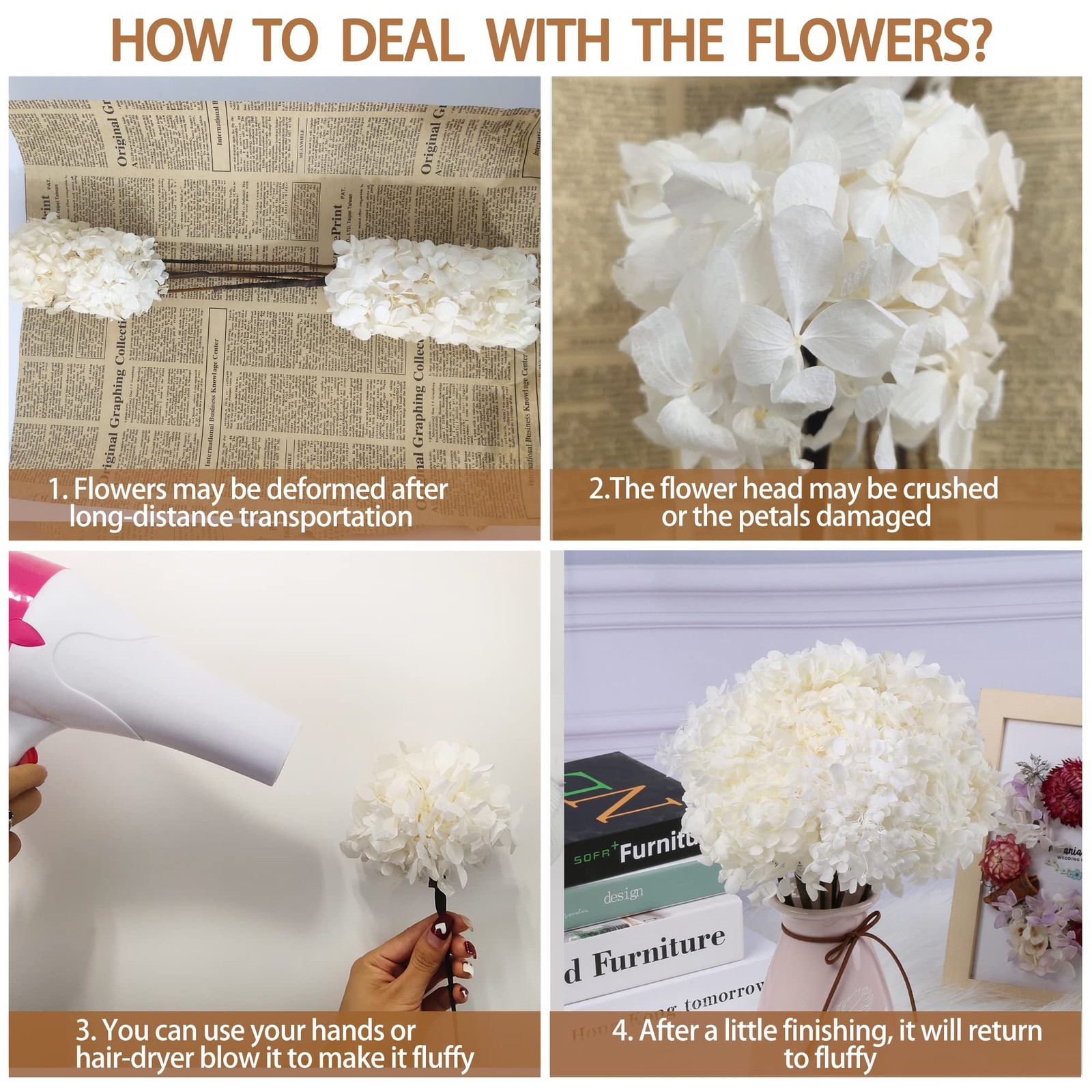 5 PCS Dried Preserved White Hydrangea Flowers – Length 14” Corolla Size 3”-