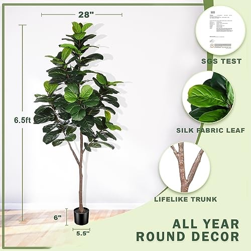 Artificial Fiddle Leaf Fig Tree – 6.5ft Faux Ficus Lyrata Plant with 6ft 6in